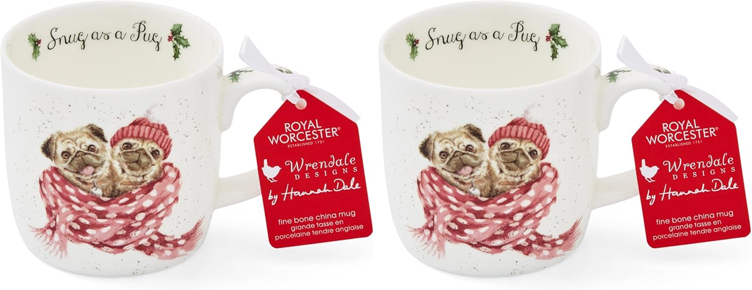 Royal Worcester Wrendale Designs 14 oz Mug, Snug As A Pug with Dog Illustration - Floral Animal Mug for Cottagecore Kitchens - Microwave, Dishwasher, Freezer Safe Fine Bone China Drinkware (Pack of 2)