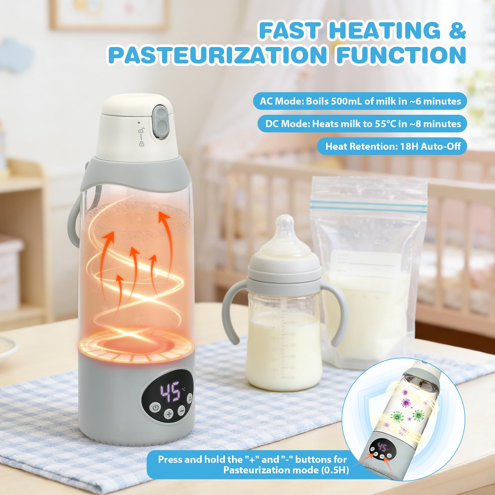 Tragbarer Flaschenwärmer mit 22 Temperaturstufen (37–100°C), 12000mAh Akku, Schnellheizung & Pasteurisierung, 18h Warmhalten, 2 Deckel (Trinkbecher), 316-Edelstahl – ideal für Muttermilch & Wasser