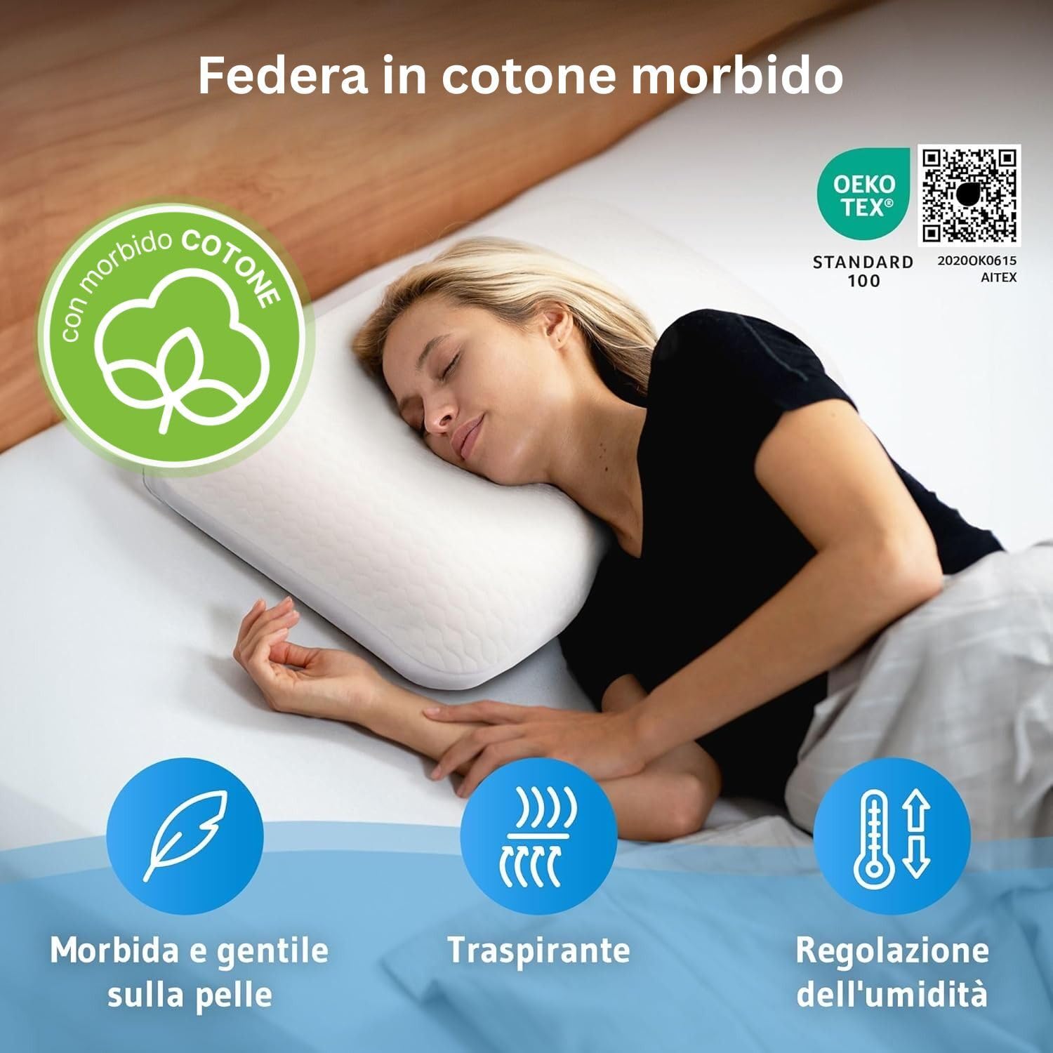 Cuscino ortopedico ELORA, cuscino in memory foam, con federa 79% cotone e 29% PES, cuscino di sostegno per il collo per chi dorme sul fianco e supino, cuscino ergonomico per la cervicale
