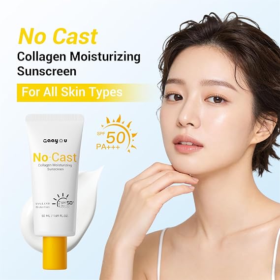 No Cast Moisturizing Sunscreen SPF50 PA++++ Collagen Facial Sunscreen Korean Sunscreen with Hyaluronic Acid, Oil Free, No White Cast Natural Sunscreen for All Sensitive Skin Type