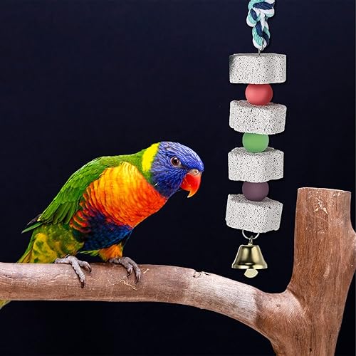 Miniatura 7 de Sanwuta Paquete de 4 juguetes para pájaros, pico de pájaro, piedra de molienda, loro masticar, juguetes con campana, accesorios para jaula de