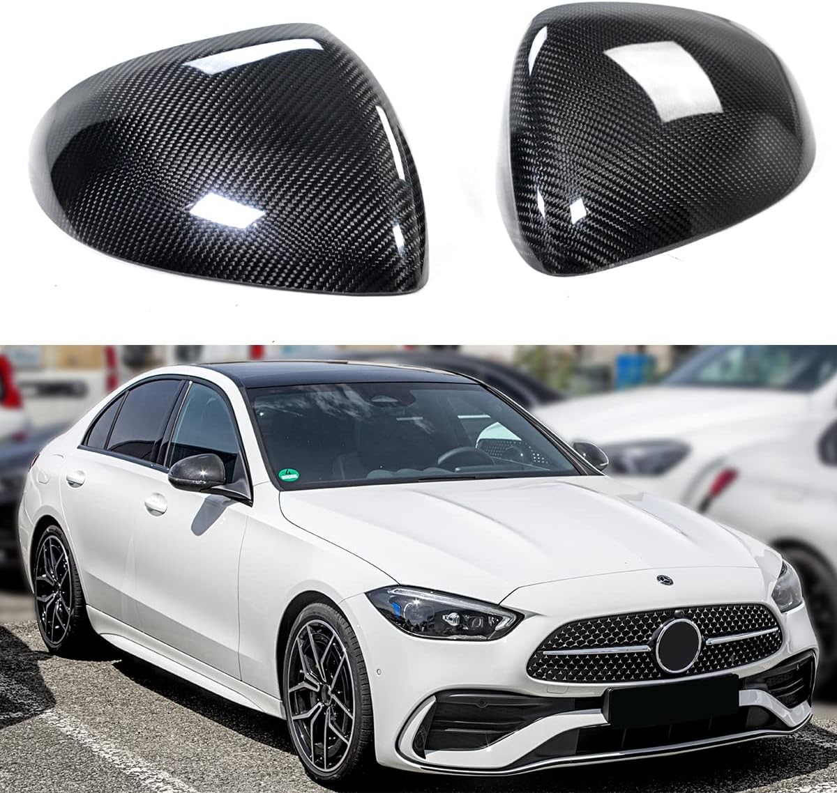 Full Dry Real Carbon Fiber Add-On Side View Mirror Covers Caps Overlays Compatible for 2022-2023 Mercedes Benz W206 C-Class C300 C43 C63 AMG