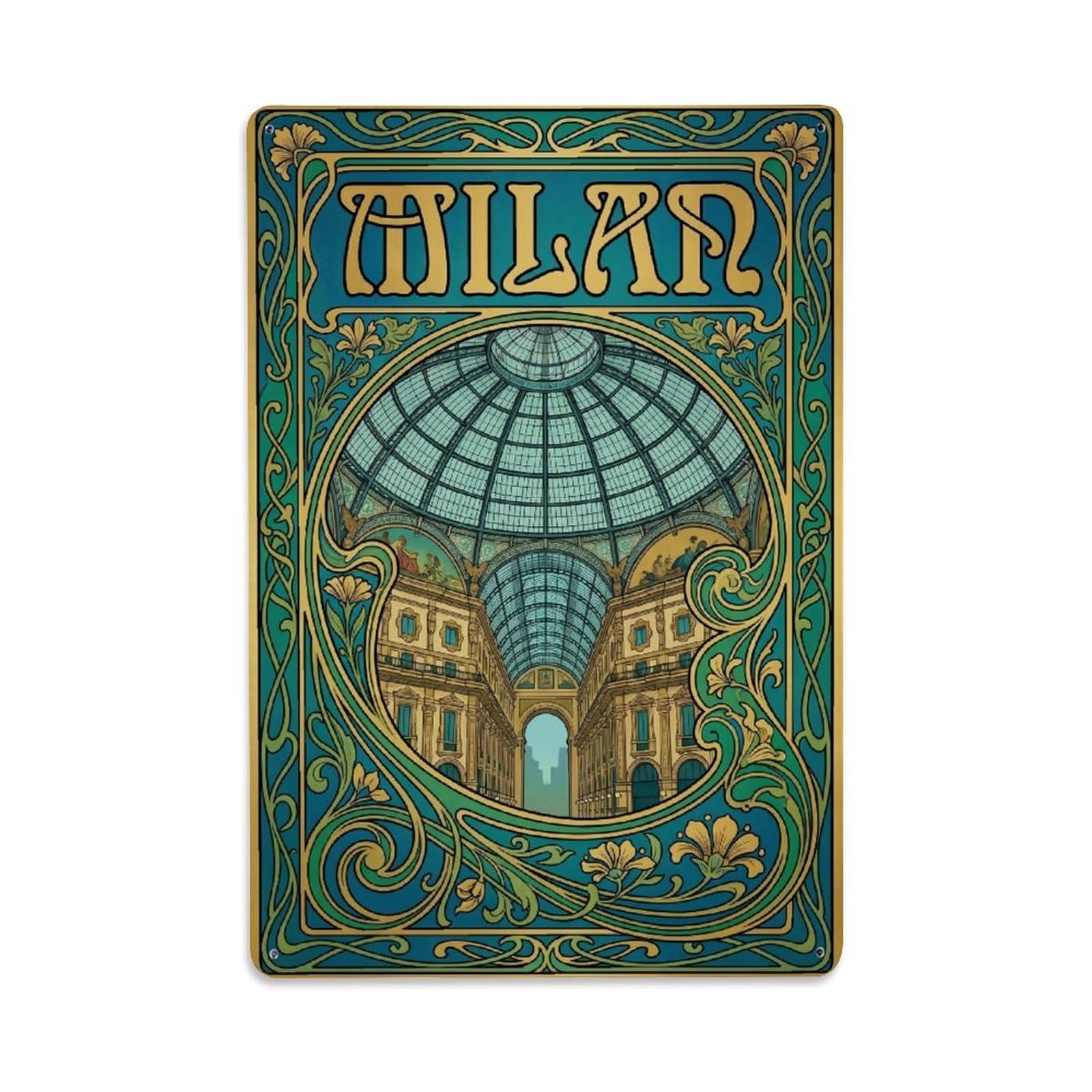 Olhnbad Style Cityscape Milan Italy Nouveau City Travel Metal Tin Sign