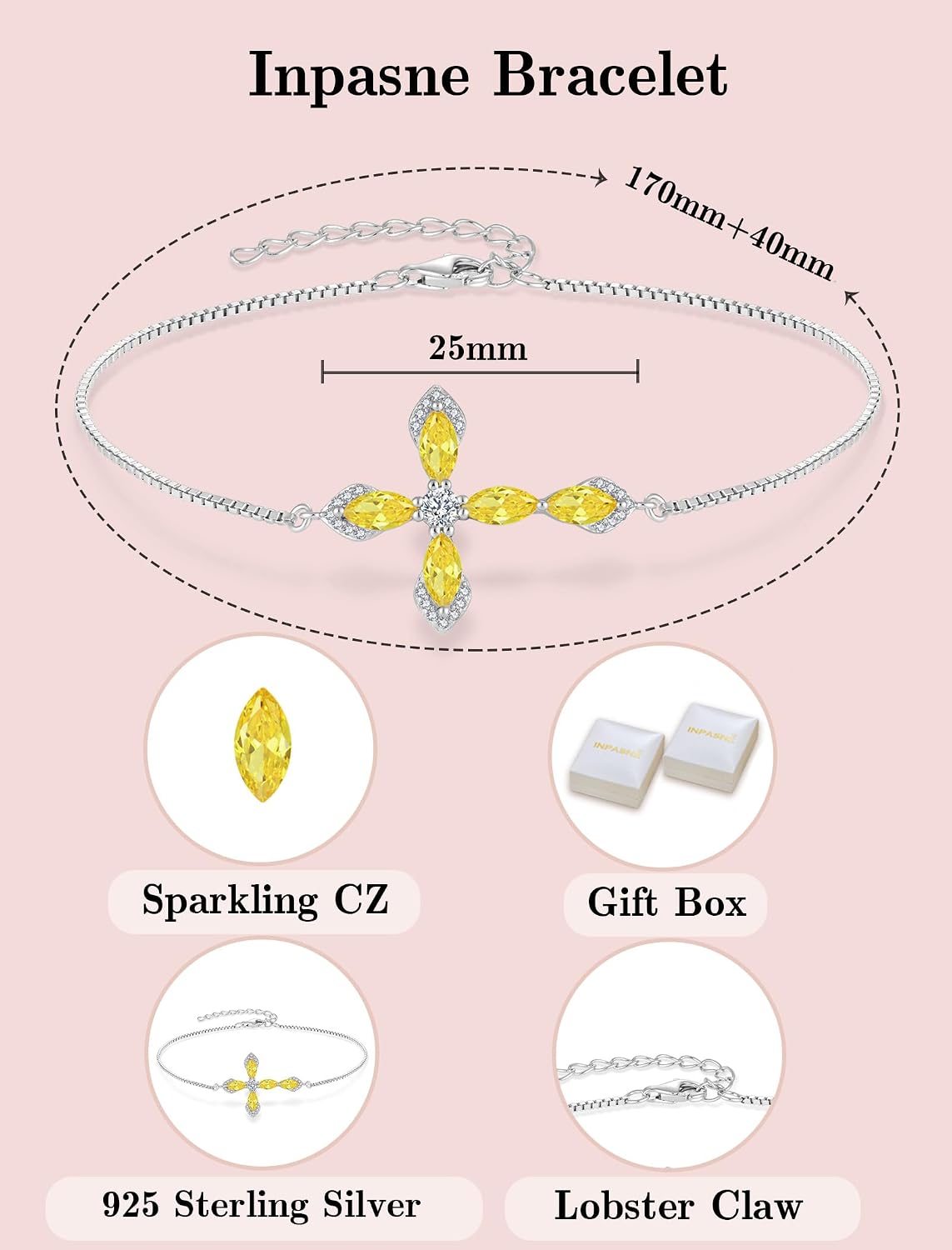 Cross Necklace Earrings Bracelet 925 Sterling Silver Citrine Jewelry Set Gemstone Crucifix Religious November Birthstone Jewelry for Women