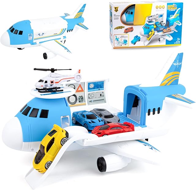 Shayson Transport Cargo Airplane Car Toy Play Set for Boys and Girls Ages 3 and Up - Includes 4 Cars, 1 Helicopter, Kids DIY Preschool Toy Gift