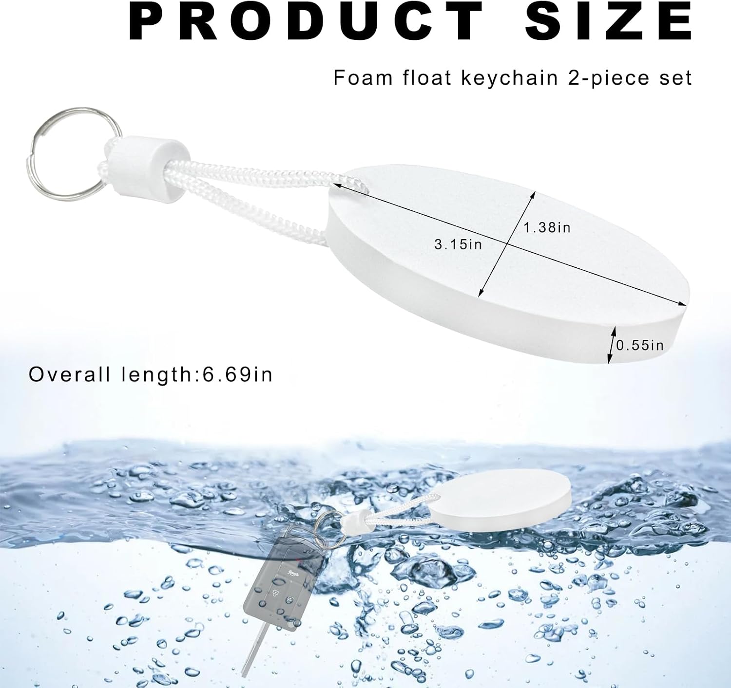 2 PCS Floating Keychains, Oval Foam Key Fob Float Buoy Pendant, Waterproof Key Ring for Boating Fishing Surfing (White) image 2