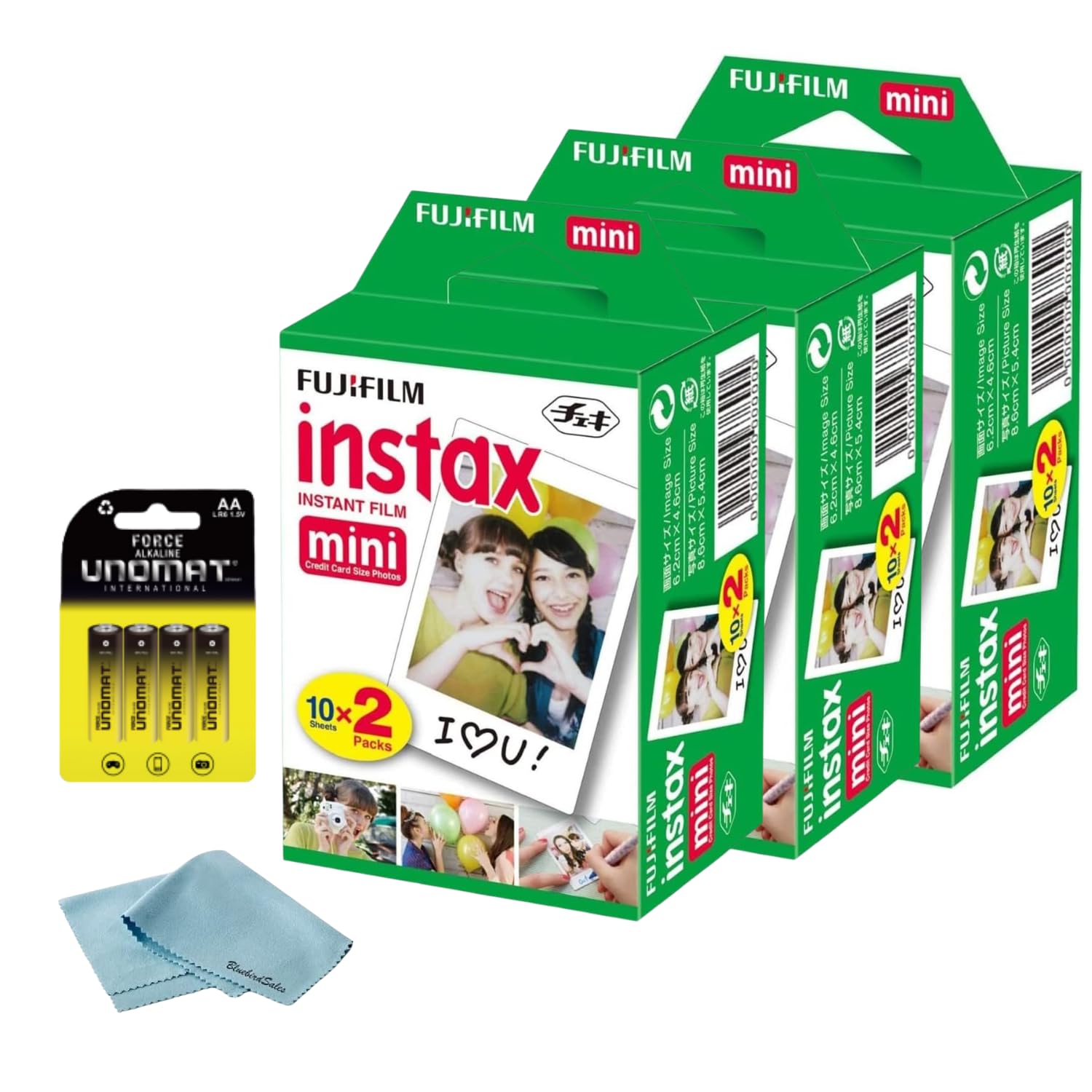 Fujifilm Instax Mini Instant Film, 60 Shots (10 Sheets x 6) – Capture Memories Anytime, Anywhere + BluebirdSales Premium Cleaning Cloth & 8 AA Batteries - 1