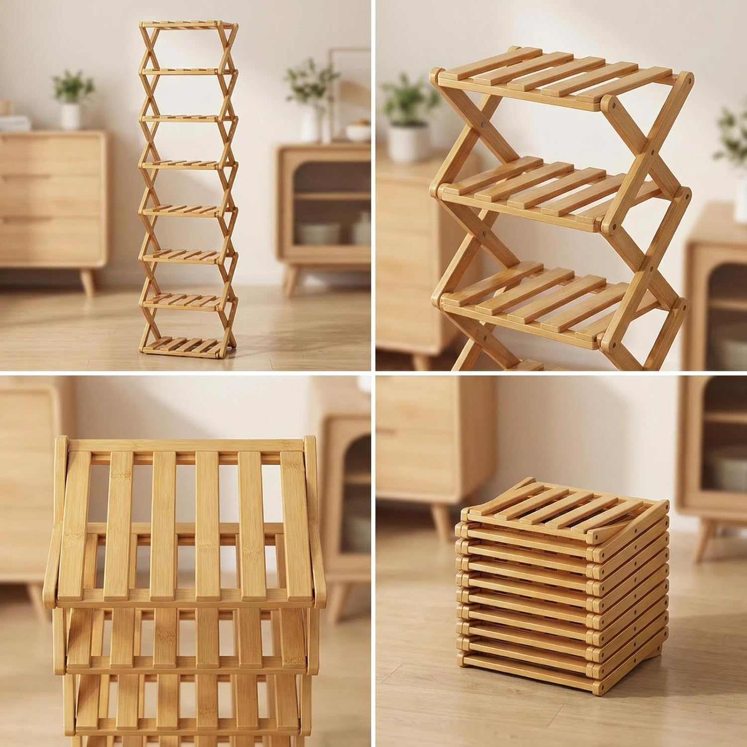 Foldable Bamboo Shoe Rack, 9-Tier No Assembly Shoe Organizer, Space-Saving Free Standing Shoe Storage Shelf for Entryway, Hallway, Closet, Holds 9-18 Pairs of Shoes, Natural Bamboo Finish (Nature)