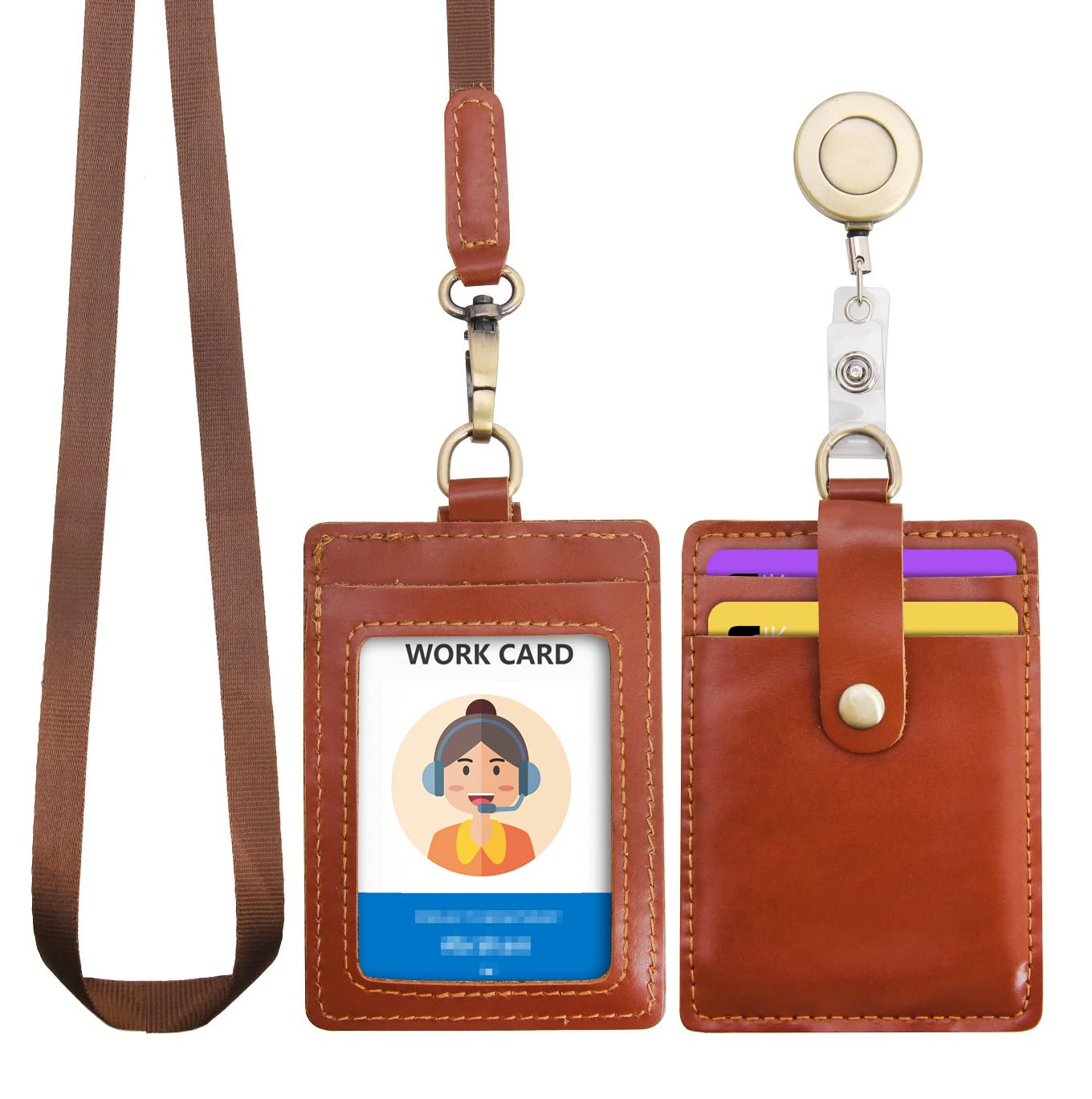 Wonderpool ID Badge Holder Genuine Leather Card Slots Case with Detachable Neck Lanyard and Retractable Badge Reel for Office School Hospital
