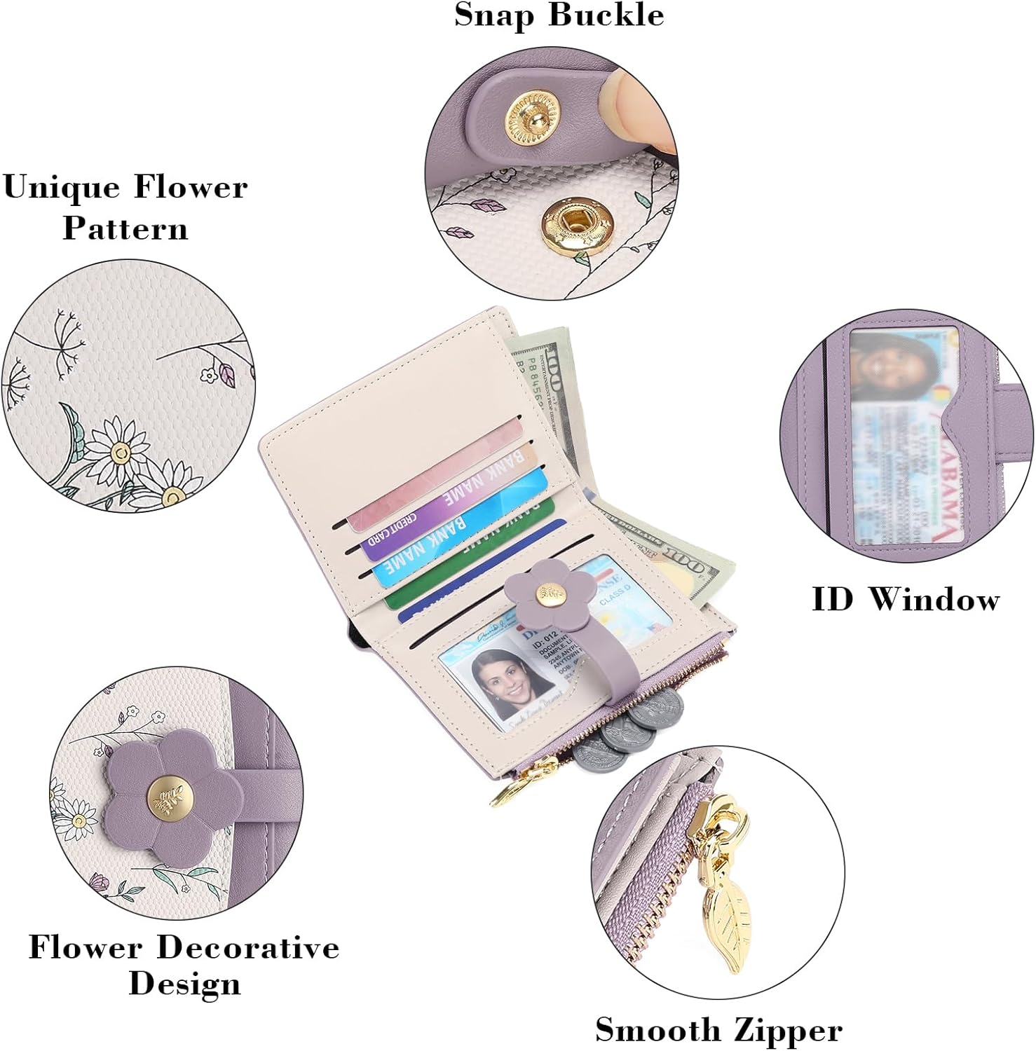 GAEKEAO Small Wallets for Women RFID Blocking Bifold Floral Vegan Leather Wallet Card Holder with ID Window & Zipper Pocket - Image 5