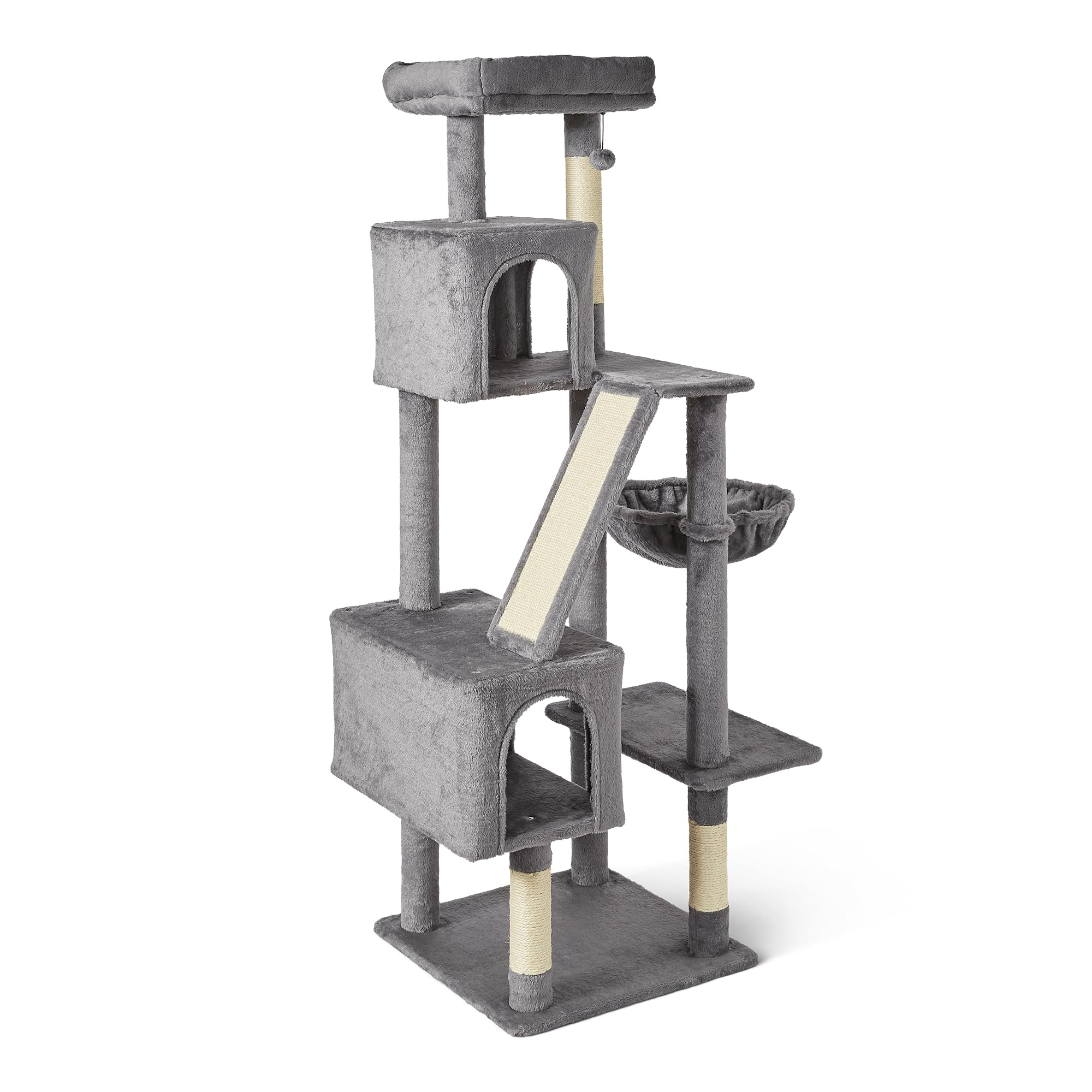 Amazon Basics Cat Tree for Indoors Cats, Multi-Level Cat Tower Cat Condo with Scratching Post, Cozy Hammock and Perches for Adult cats, Interactive Dangling Ball, L – 60.1” (152.7cm) H, Grey