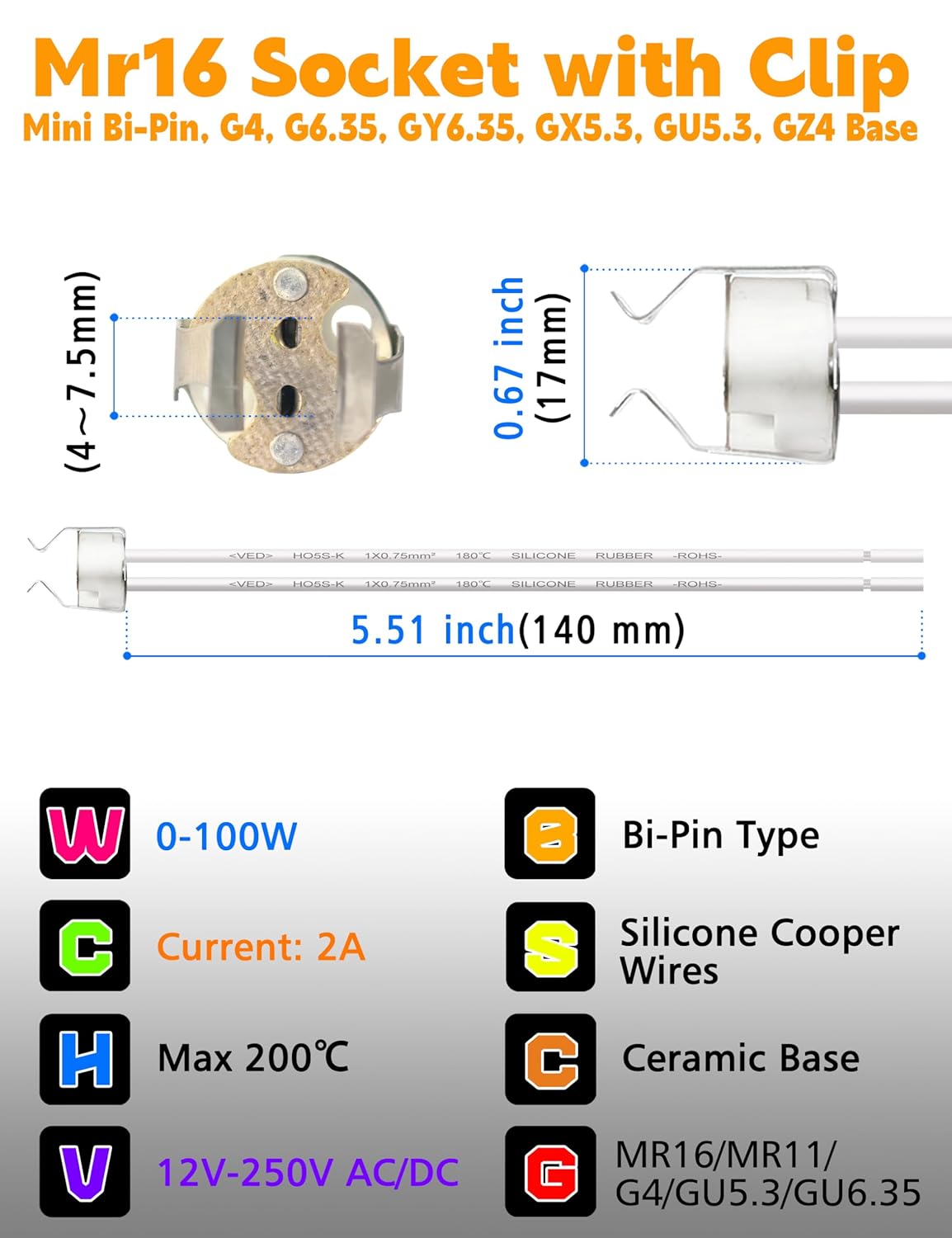 MR16 GU5.3 Socket with Clip/Bracket, MR11 G4 Light Socket, GU6.35, GY6.35, GX5.3, GU4 GZ4, Mini Bi-Pin Ceramic Wire Connector Base Socket Adapter for MR16 Halogen/LED Bulbs, 6 Pack