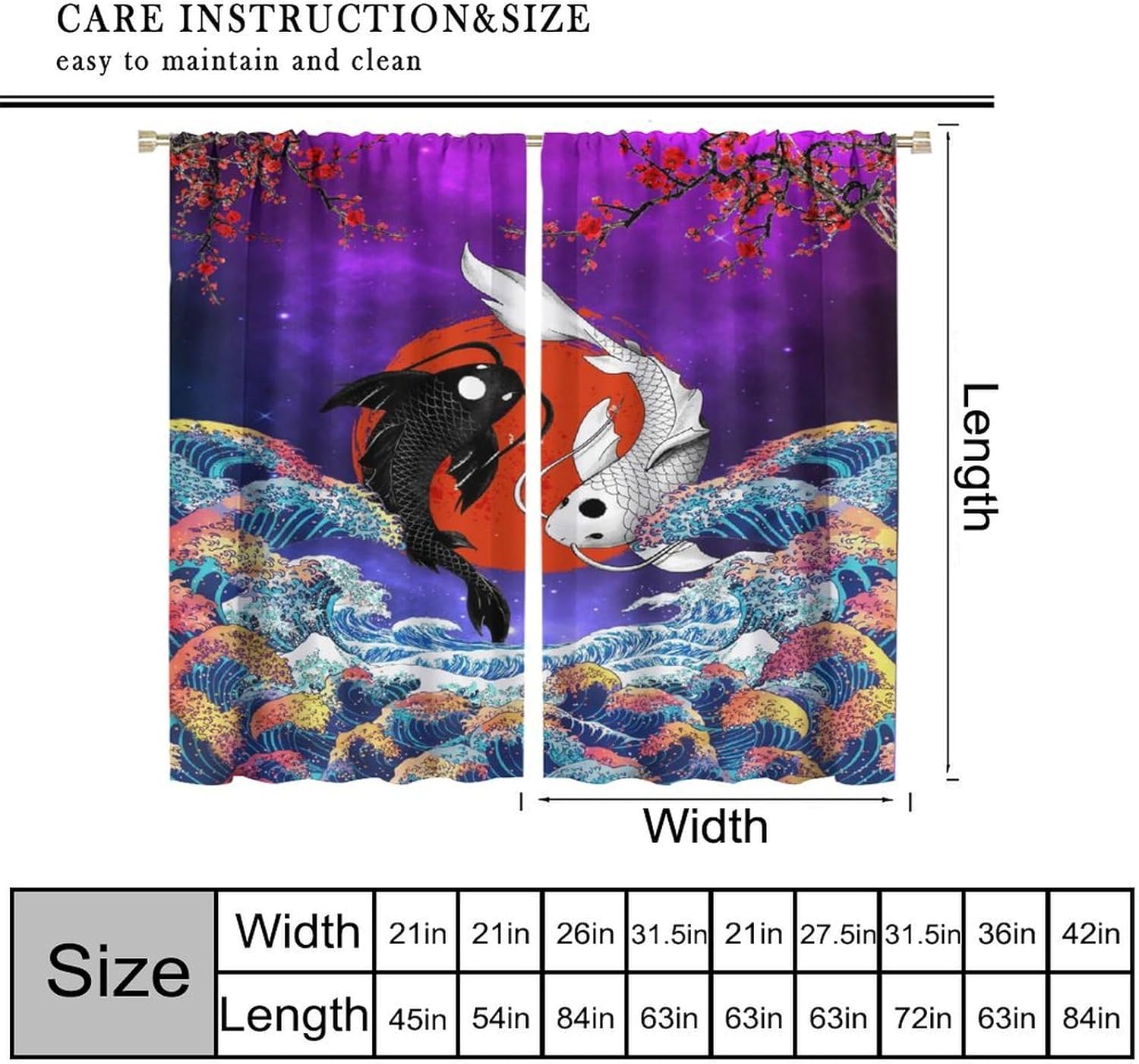 Japanese Koi Fish Curtains,Yin Yang Black and Red Big Wave Koi Asian Style Room Window Rod Pocket Curtain for Bedroom Kitchen Living Room 72x63inch Blackout