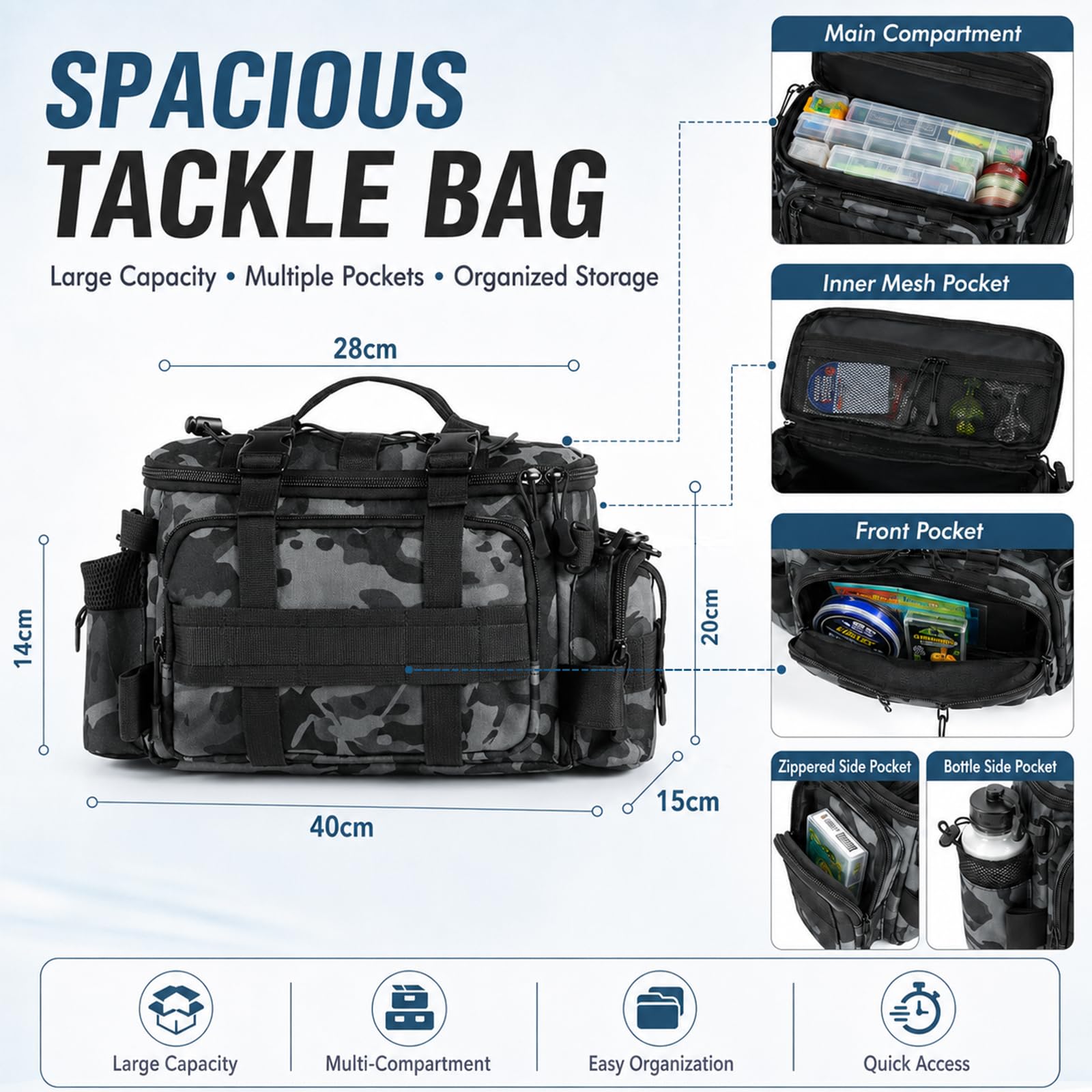 QKTYB Kit Pesca Completo 111 Pezzi con Borsa da Pesca, 107 Esche Artificiali e Accessori, Pinza da Pesca, Slamatore, Pinza Blocca Pesce, Set Pesca per Luccio Persico Trota