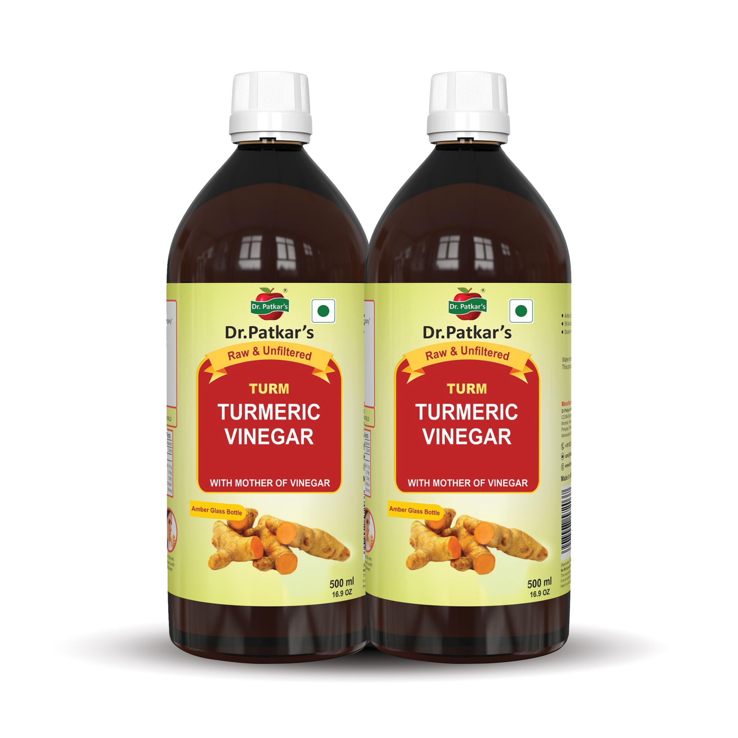 Dr. Patkar's Turmeric Vinegar 500ml (Pack of 2) Unfiltered, With Mother + Black Pepper (Piperine) Supports Weight Management, Boost Immunity & Detox, Skin Health | 500ml