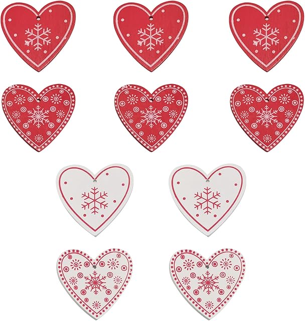 JANEMO 10 piece wooden Valentine's Day decorations, wooden hanging tag, with 4 kinds of heart-shaped ceramic heart-shaped hanging decorations, used for children's decorations or gifts, red and white