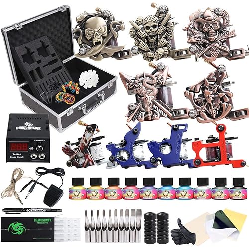 Dragonhawk Complete Tattoo Kit with Case, Beginner Traditional Coils Tattoo Machines, Power Supply Immortal Tattoo Inks,Tattoo Needles Foot Pedal Grips Tips