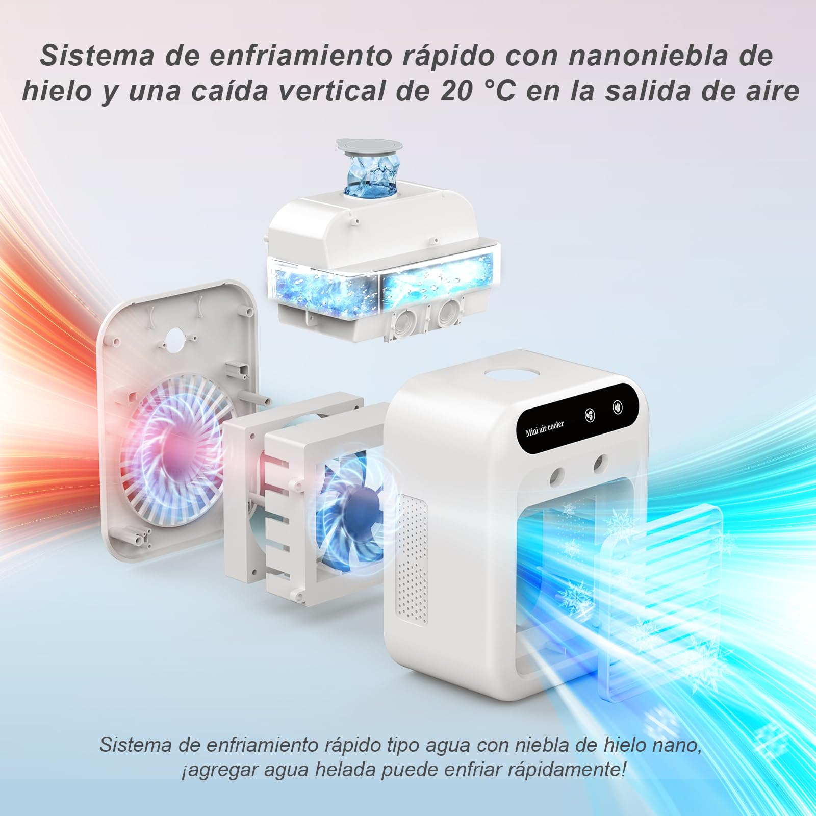 Aire Acondicionado Portatil, Mini USB Ventilador, Enfriador de Aire, Aire Humidificador Portátil Silencioso, 2Velocidades de Ventilador, 2 Modos de Nebulización, Adecuado para Hogar, Oficina