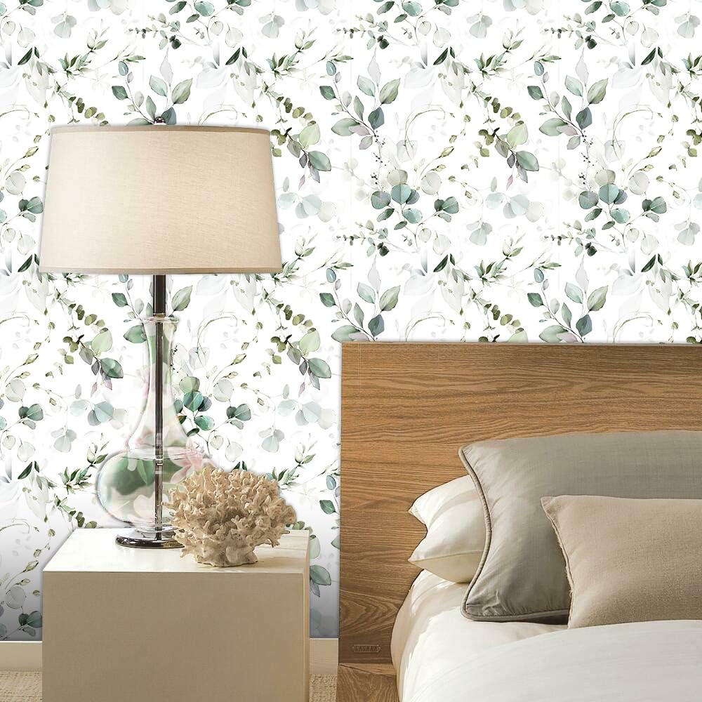 Photo 1 of XYZshop Floral Peel and Stick Wallpaper Eucalyptus Leaves Green/White Vinyl Self-Adhesive Wallpaper for Bedroom, Living Room, Kids Room Decorative 17.3" x 236.2"