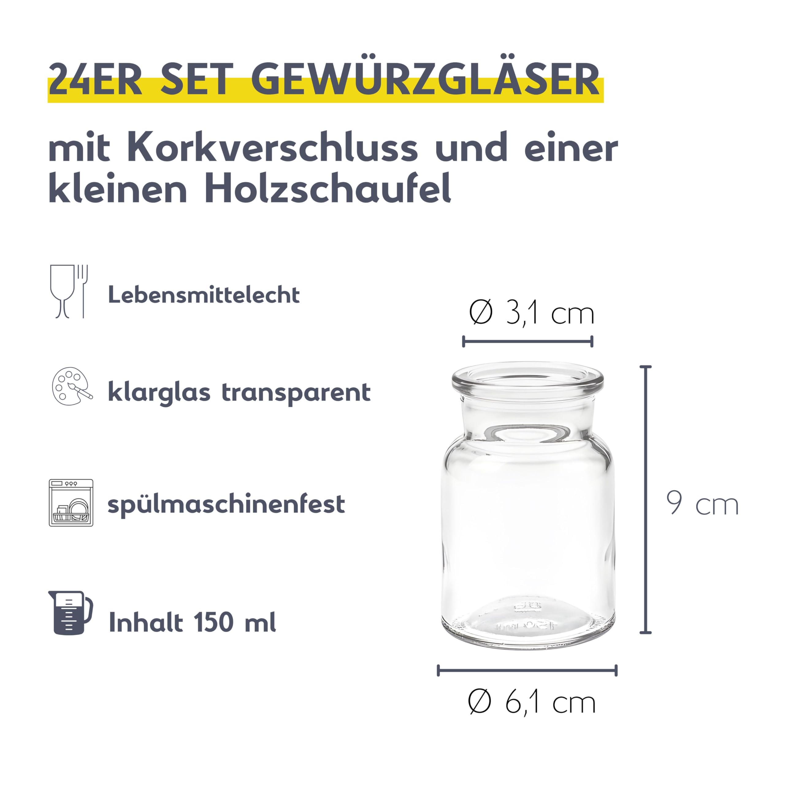 mikken 24 Gewürzgläser 150ml mit Korken – runde Glasbehälter mit Kork-Verschluss inkl. Holzschaufel – Vorratsgläser für Gewürze, Kräuter & Deko (24)