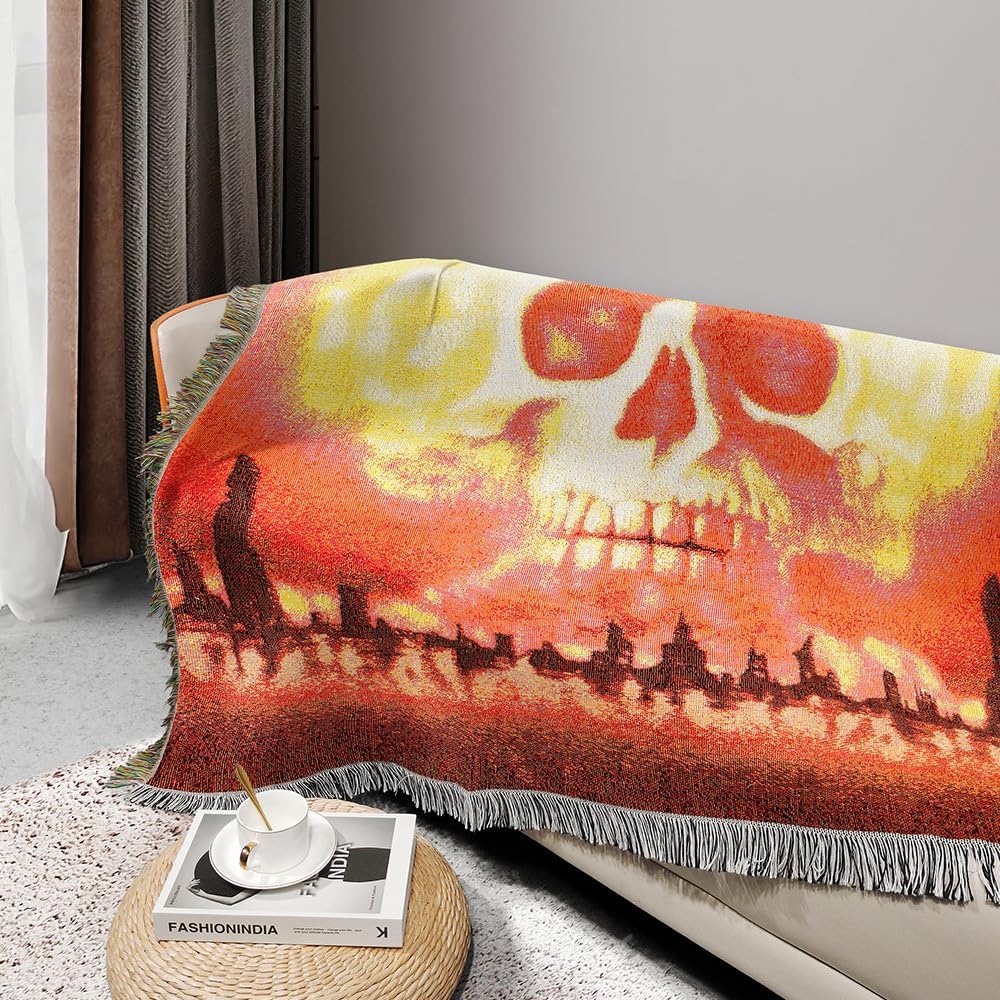 Halloween Skull Throw Blanket Fall Tapestry Home Floor mat Jacquard Thread Blanket for Background Wall Home Decor with Celestial Tapestry Tassels