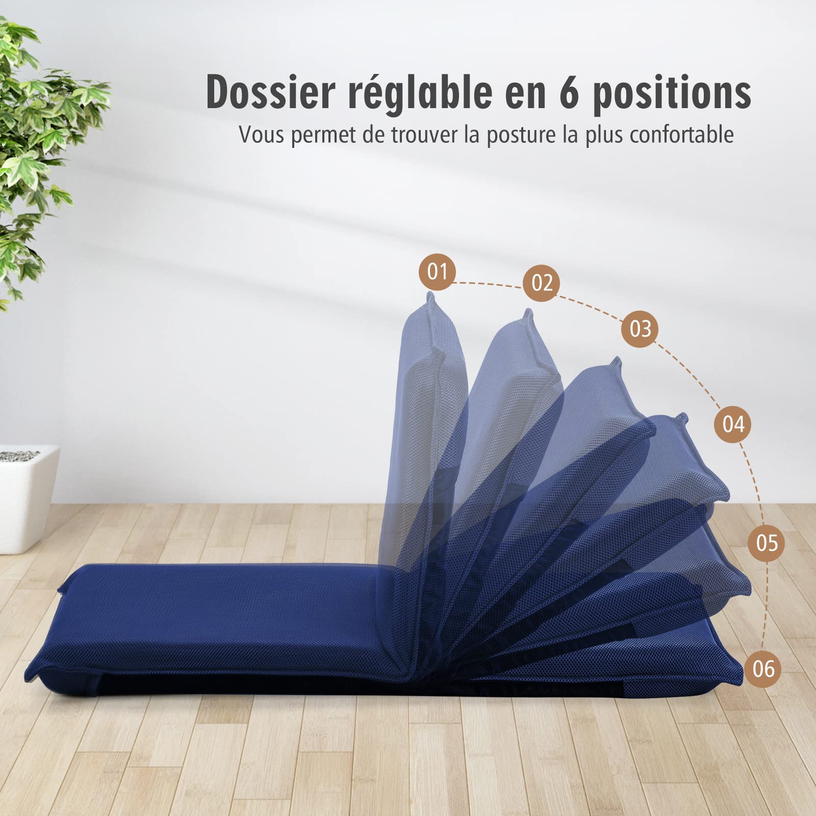 RELAX4LIFE Chaise de Sol Pliante avec Dossier Réglable en 6 Position, Tatami pour Lire & Jouer & Méditer dans Salon, Chambre, Bureau, (52-98) x44x(47-7) cm (Bleu foncé)