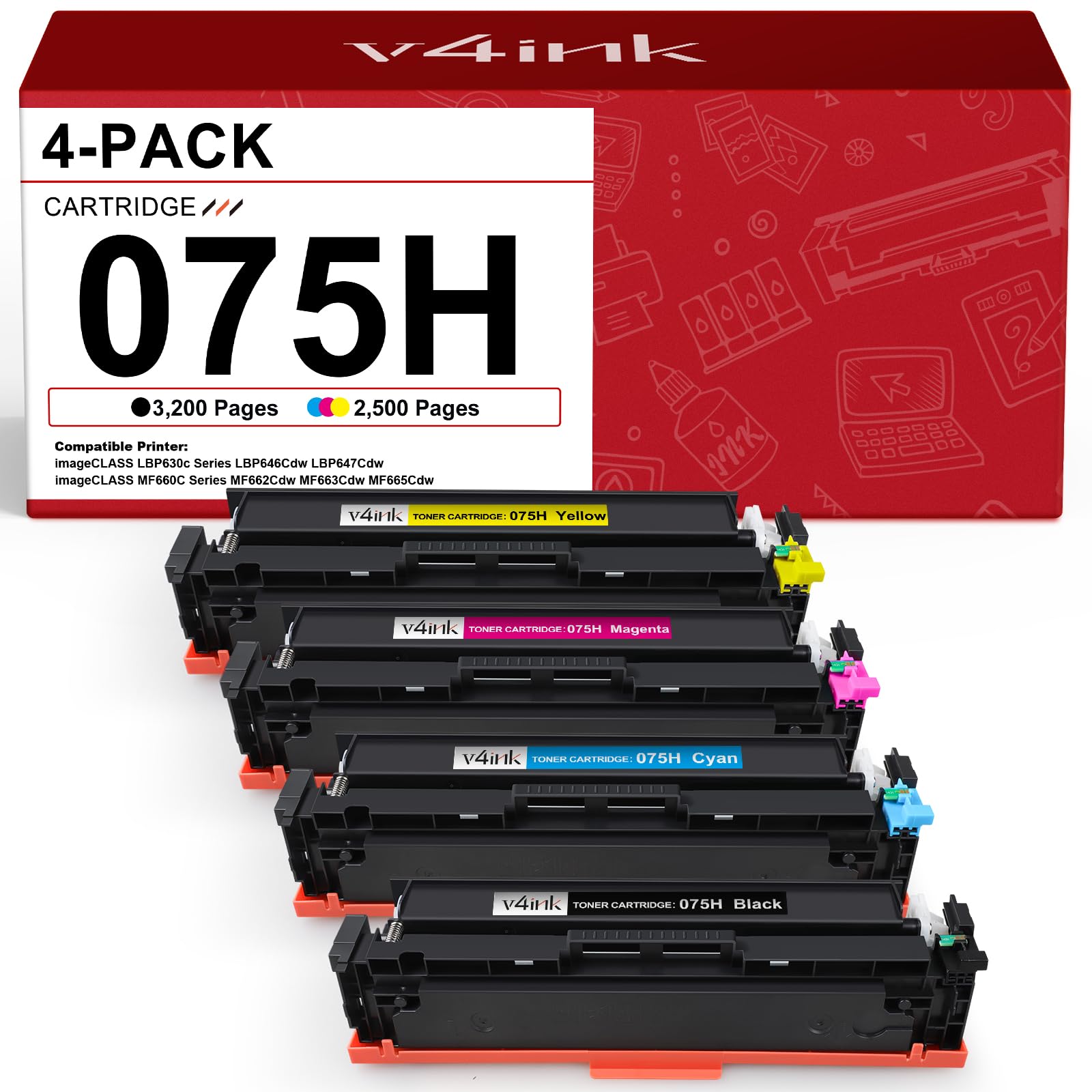 Photo 1 of 075H 075 Toner Cartridge High Capacity Compatible Replacement for Canon 075H Works for Color imageCLASS LBP640 LBP640C LBP646Cdw LBP647Cdw MF660 MF660C MF662Cdw MF663Cdw MF665Cdw Series Printer 4-Pack