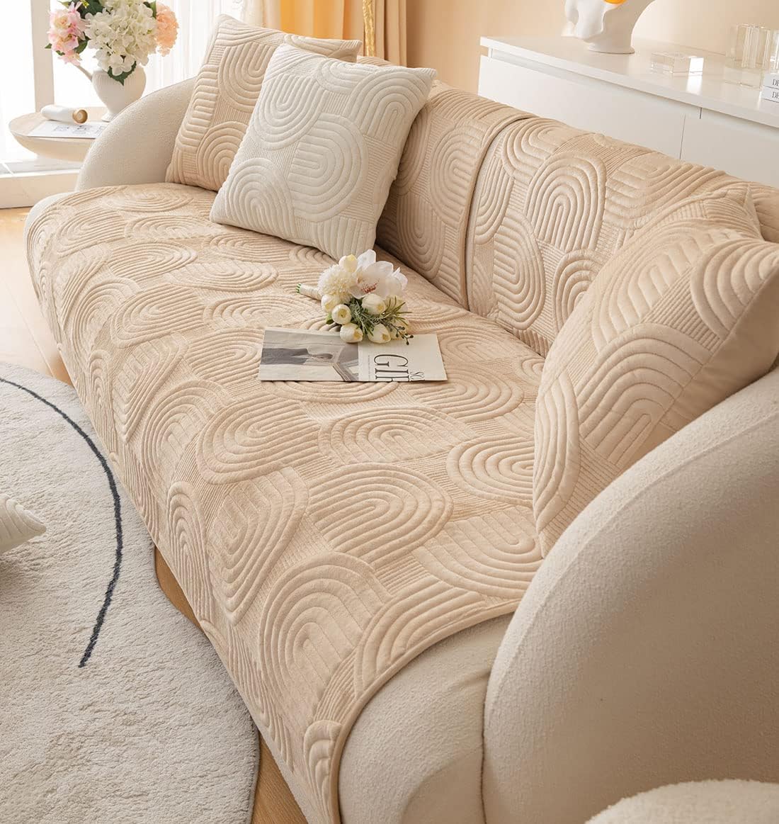 Soft Plush Geometric Quilted Couch Sofa Cover Boho Non Slip Fuzzy Sectional Couch Cover Solid Color Washable Sofa Slipcover Furniture Protector for Kids Dogs Cats (Coffee,43"x82")