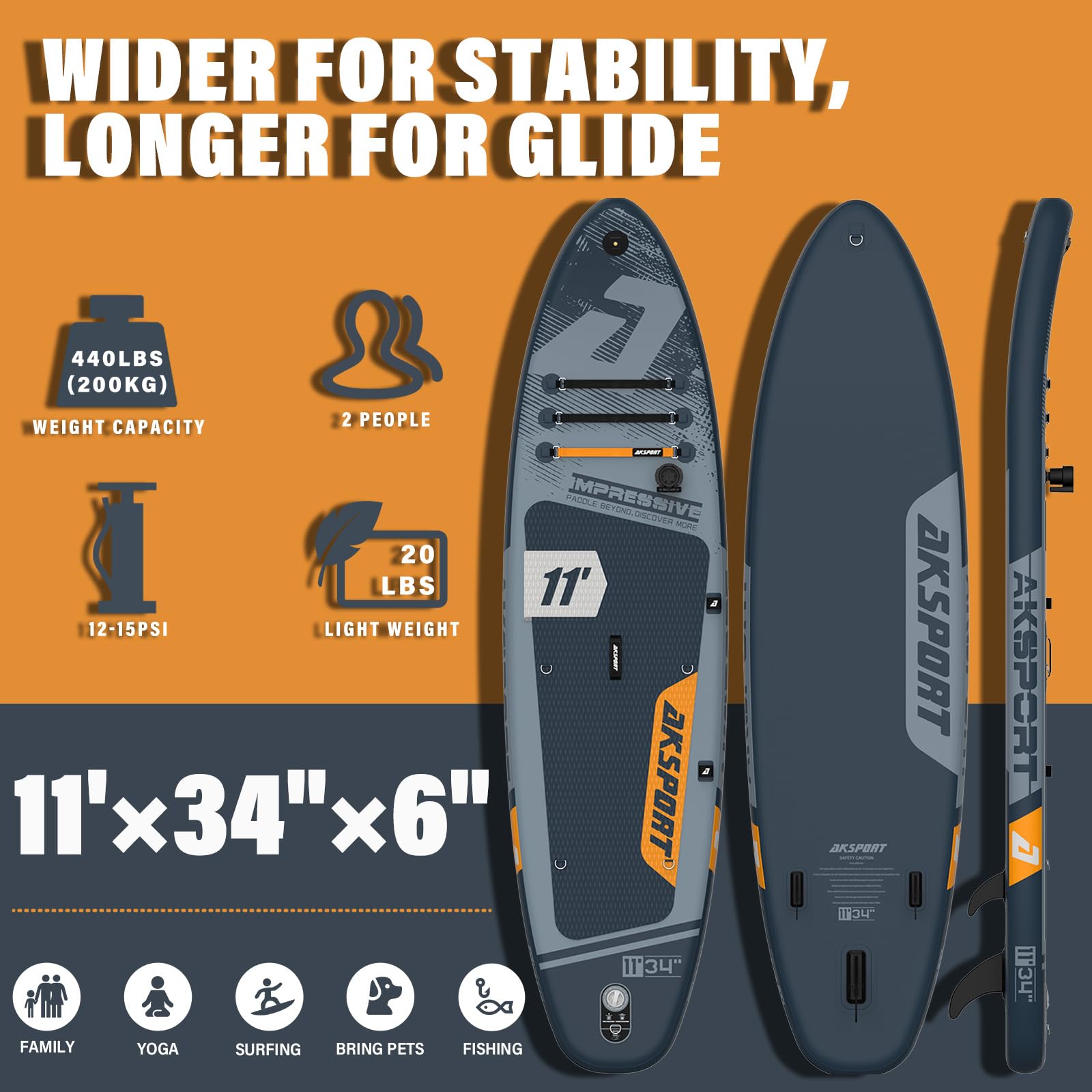 AKSPORT Tavola da Sup Gonfiabile 11' con Accessori Premium | Design Extra Largo 34" | Deck Antiscivolo | SUP per Adulti e Ragazzi di Tutti i Livelli