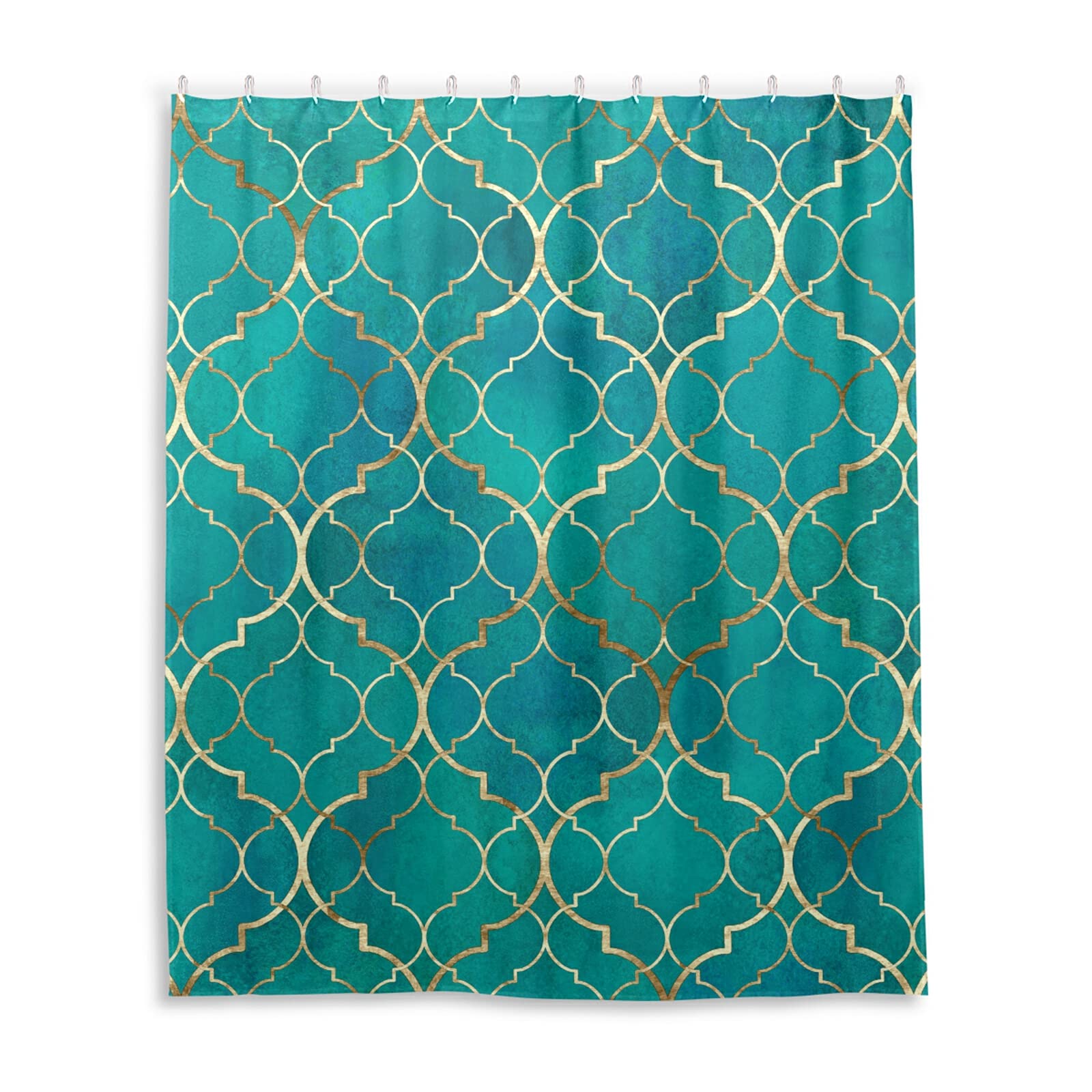 Seamless Green Teal Moroccan Tiles with Golden Gold Geometric Waterproof Shower Curtain, Machine Washable Polyester Cloth with 12 Hooks, No Smell Bath Tub Stall Curtain Liner 48"(W) x72(H)