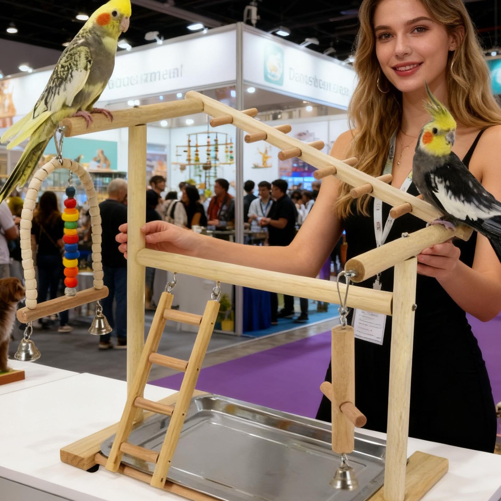 Posatoio Da Per Uccelli Altalene e Scale in Legno per Arrampicata | Con Vassoio E Bicchiere Acciaio Rimovibili Posatoio Giochi Legno Pappagalli Per Rosicchiare Arrampicarsi Per Gabbia Interna