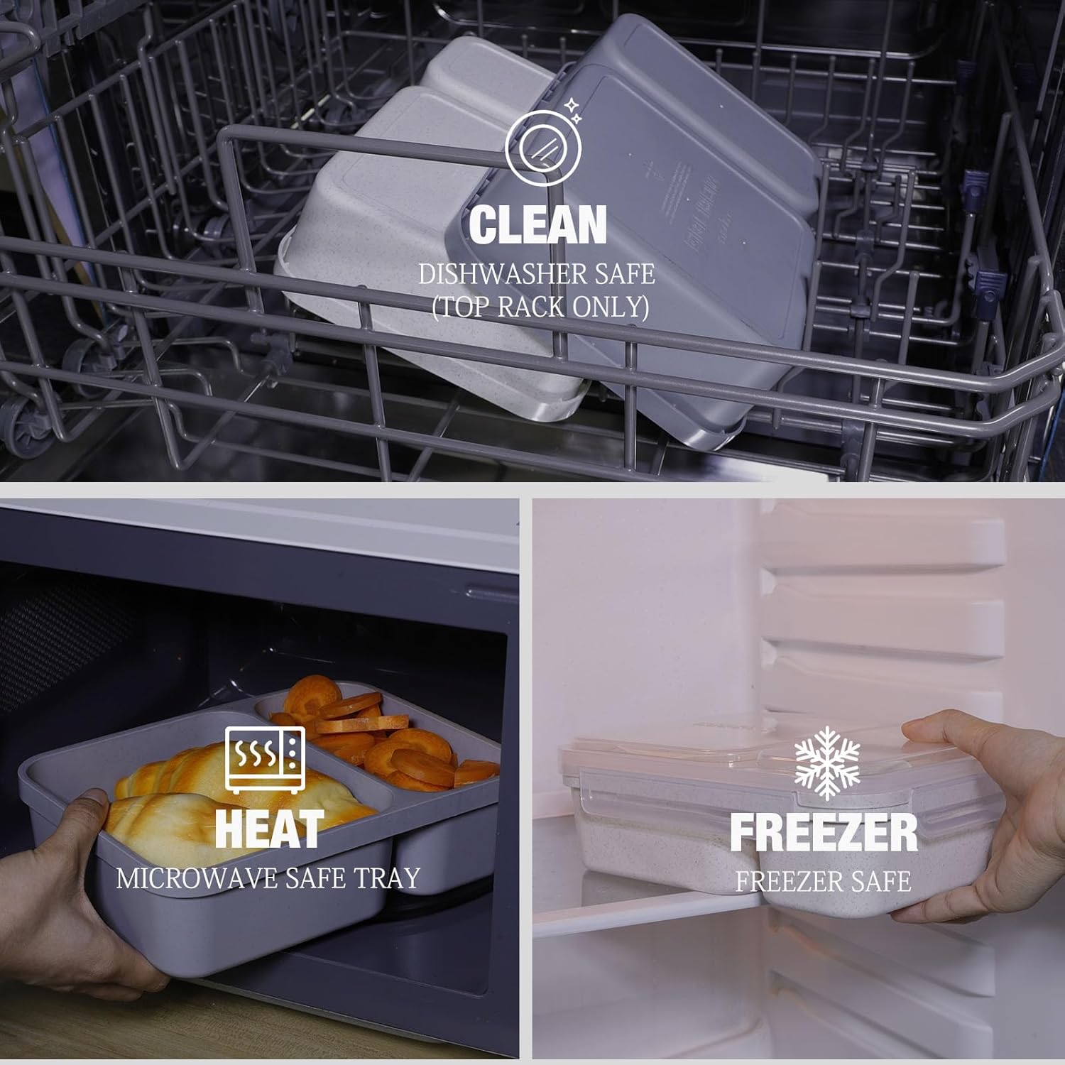 Caperci 2 Pack Salad Container for Lunch - 62 oz Large Bento Lunch Box for Adults, 2-Compartment Meal Prep Container with Removable Toppings Tray, Sauce Cup, Reusable Fork, BPA-Free (Gray & Tofu) - Image 6