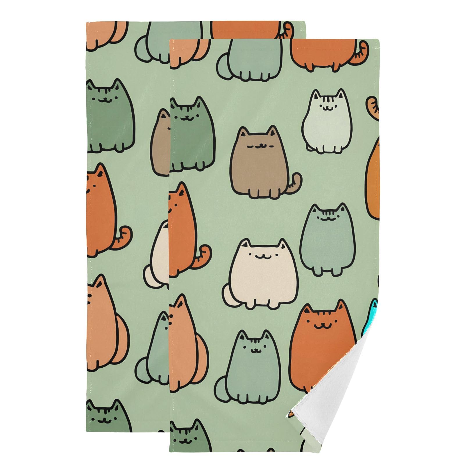 Toallas de mano de algodón (2 ud, 36x72 cm) con diseño de gato verde para cocina y gimnasio.