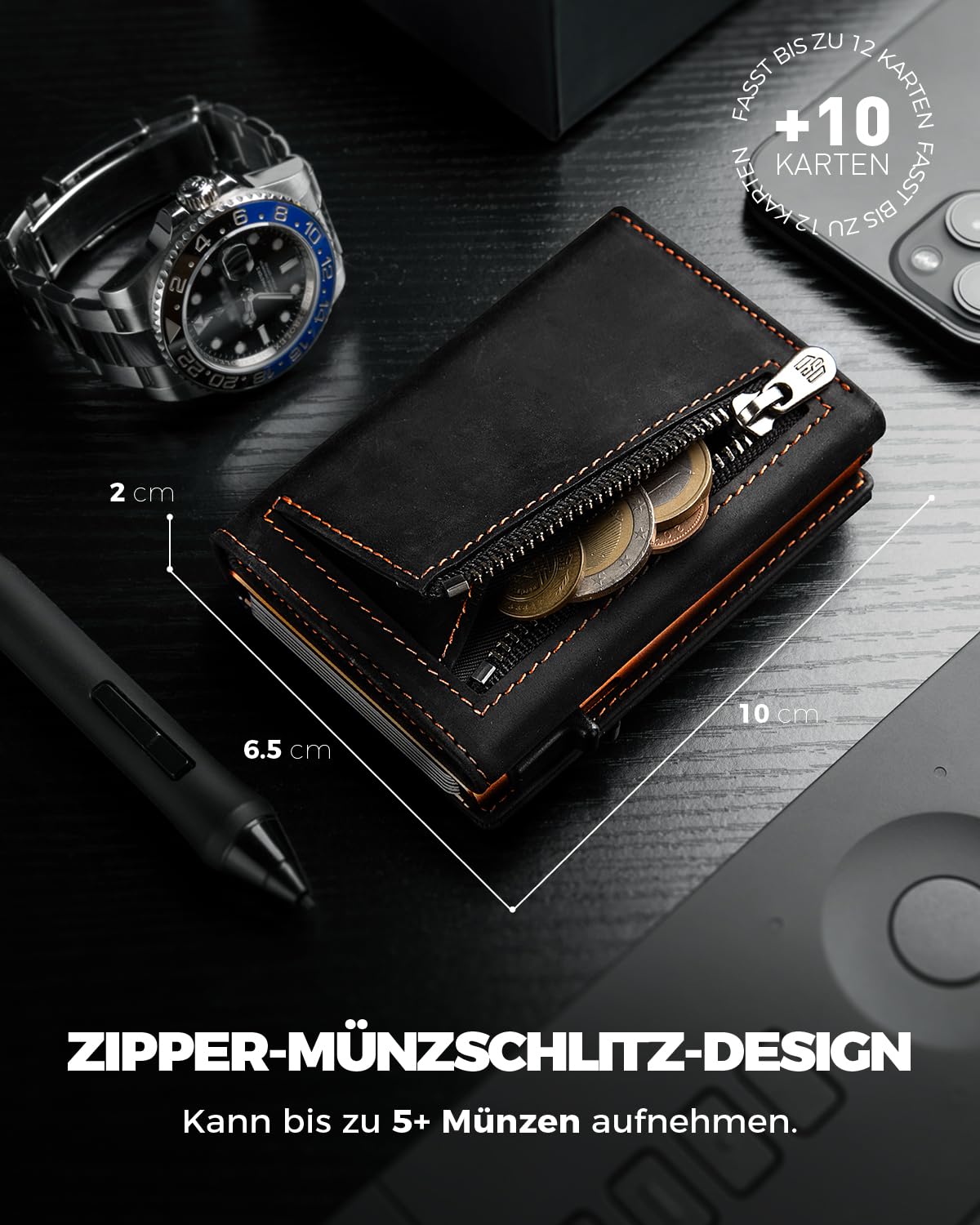DODENSHA MagSnap Portmonee Herren I Slim Wallet mit Münzfach I Kreditkartenetui Geldbeutel für 10+ Karten I Magnetischer Verschluss Geldbörse Herren I RFID Schutz I SchwarzOrange