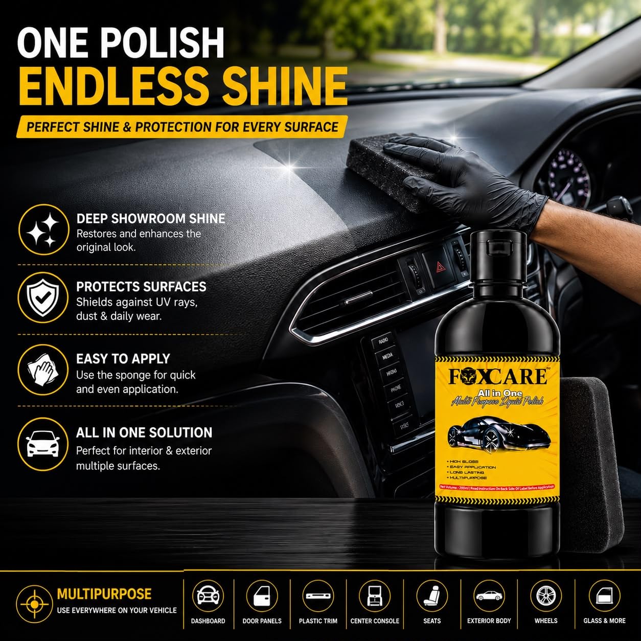 Foxcare All In One Polish 200ml | Car & Bike Liquid Polish | Removes Minor Scratches, Water Repellent Coating | Dashboard Plastic Fibre Restorer | Shine Enhancer & Paint Protection 4