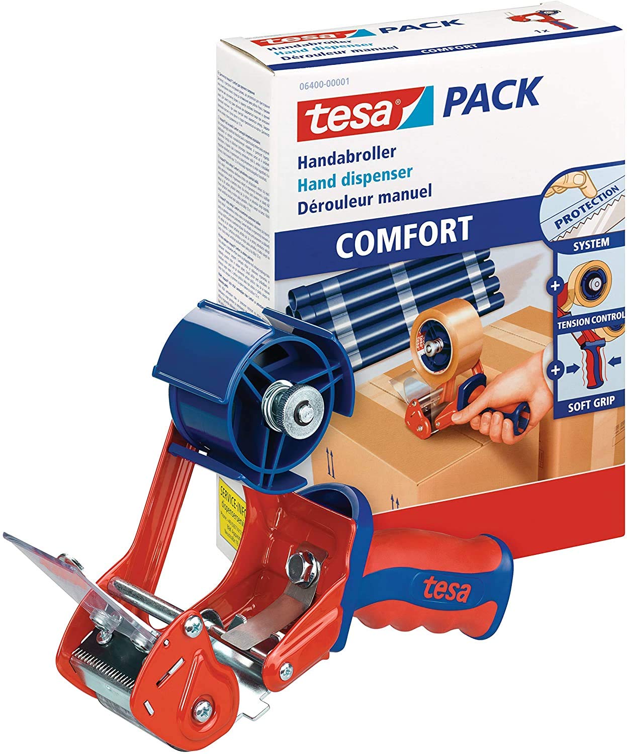 tesa Packband Handabroller Economy - robuster Abroller für Paketbänder - Profi-Qualität - Für Klebebänder mit bis zu 50 cm Breite (4er Pack)
