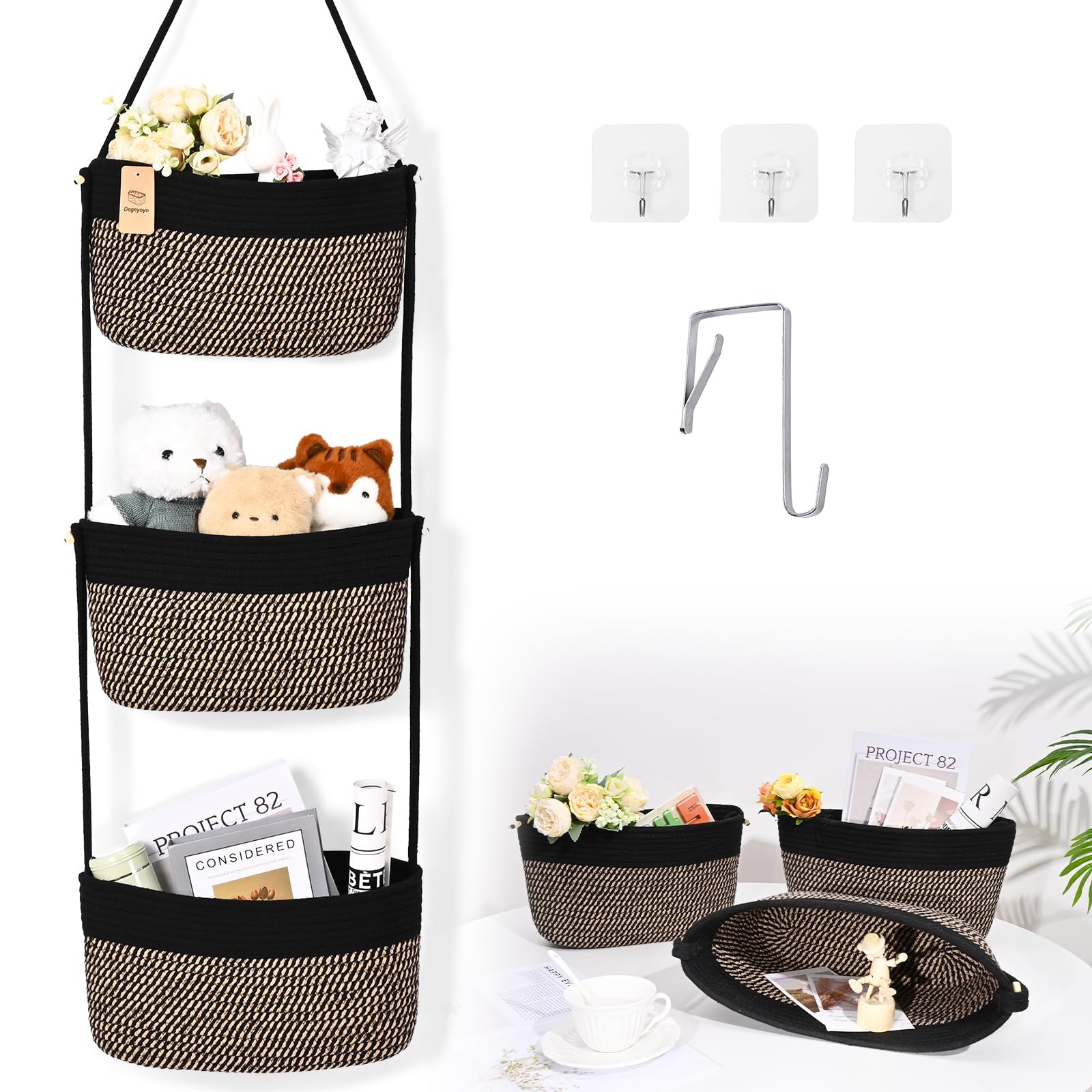 Hanging Basket, 3-Tier Woven Wall Basket with 4 Hooks, Cotton Rope Storage Baskets, Over the Door Organizer for Nursery, Bedroom, Cottage and Boho Wall Decor