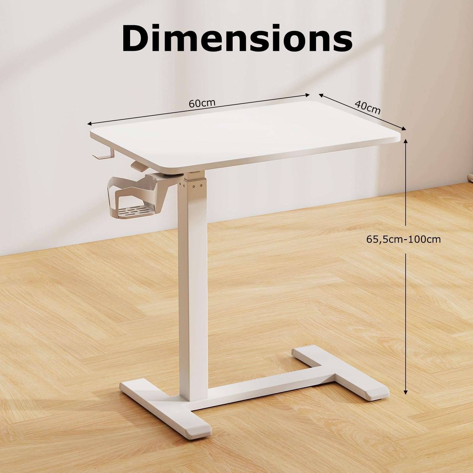 COSTWAY Table de Lit pour Ordinateur Portable, Table Roulante pour Lit, Bureau Pneumatique Réglable en Continu 65,5-100 CM, Porte-Gobelet, Crochet pour Écouteurs, pour Soin, Chambre, Bureau (Blanc)