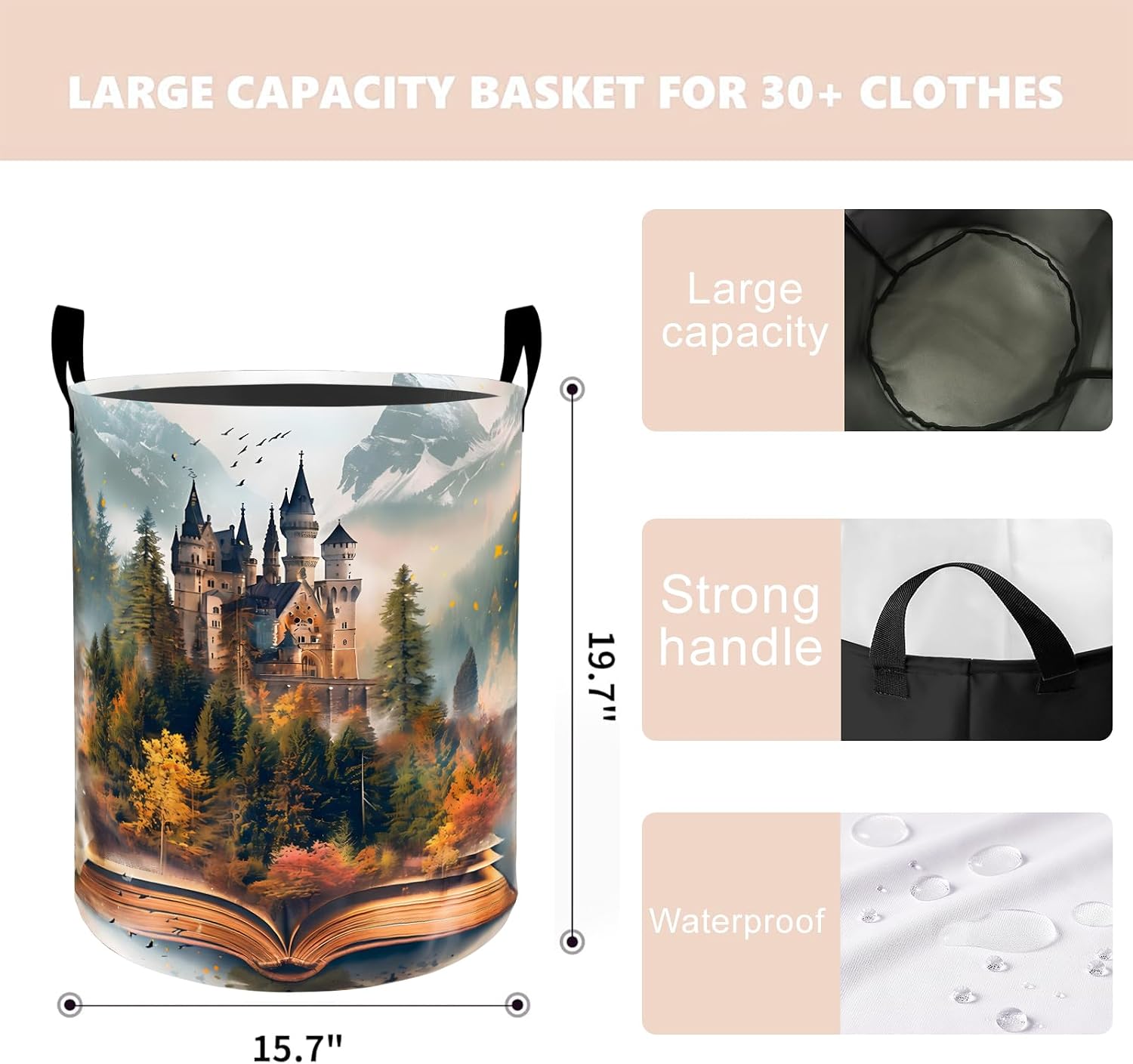 Fantasy Castle Book Laundry Basket Hamper 19.7"x15.8", Organizer Bins Gifts for Kids Boys Girls, Storybook Castle Foldable Waterproof Oxford Clothes Storage Bucket for Bedroom Bathroom Decor