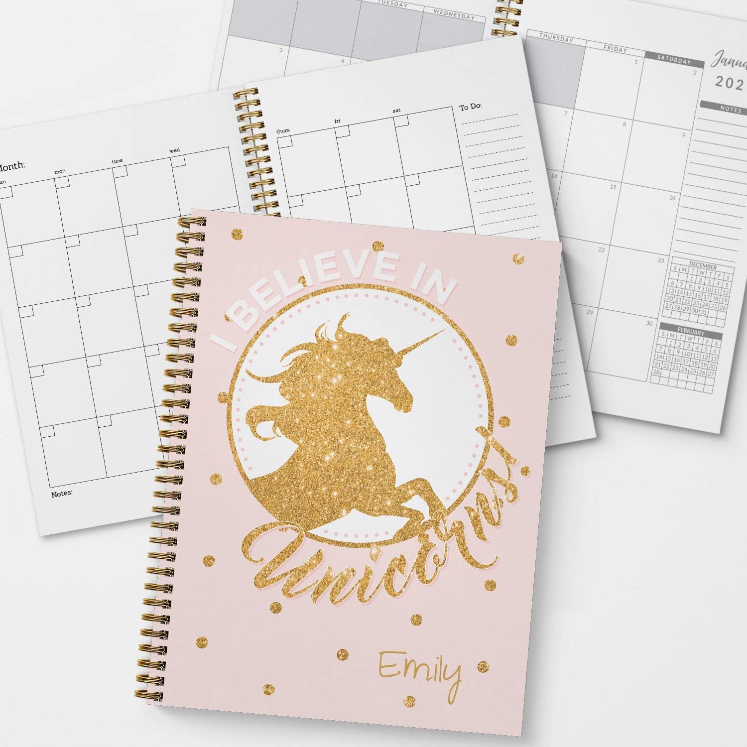 Golden Unicorn Personalized Monthly and Weekly Softcover Planner and Organizer, 1 full year, January-December DATED or UNDATED OPTION, 8.5" x 11", lay flat wire-o spiral binding