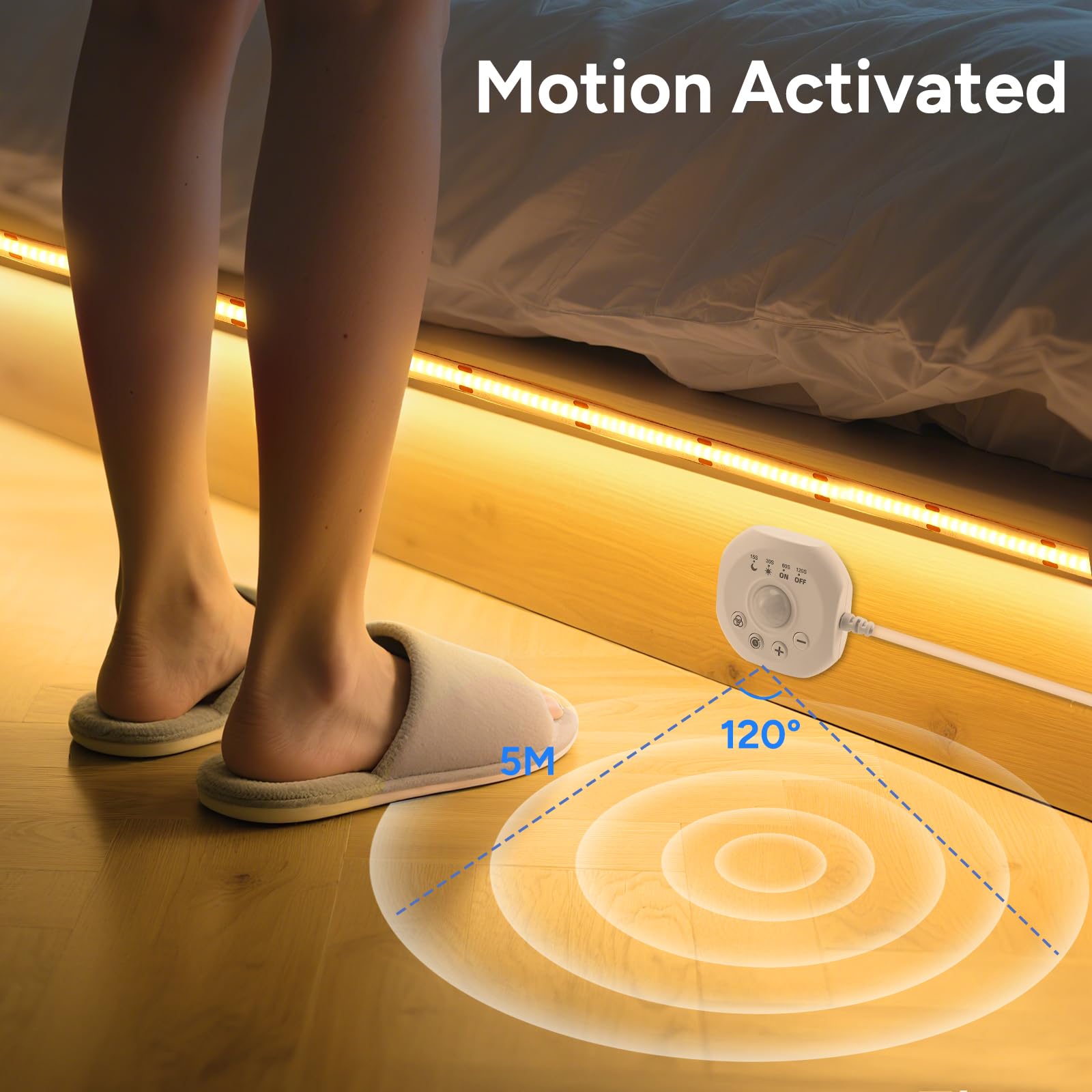 Tira LED COB Sensor Movimiento 5m sin puntos, On y Off Auto, 4 Temporizadores, día/noche, Tira LED Blanca Calida Activada por Movimiento para Escaleras, Camas, Armarios y Cocinas, 2700K