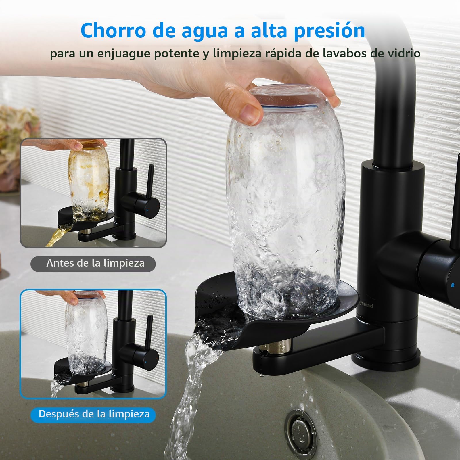 Grifo Cocina Extraible Negro Lavatazas 3 Modos,Torneira Cozinha Preta | Grifos Cocina Fregadero Monomando con Mynaiad Lavatazas, 3 Chorros, Giro 360°, acero 304 Cepillado Cocina Bar Baño