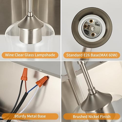 Miniatura 5 de Lámpara de baño de níquel cepillado de 3 luces con pantalla de vidrio transparente, luces de pared modernas de 23.62 pulgadas para dormitorio,