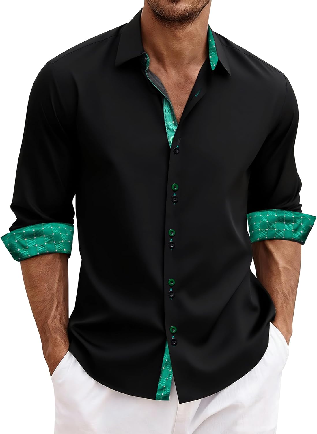 DiBanGu Men's Dress Shirt Long Sleeve Casual Button Down Shirts Regular Fit Inner Contrast Shirt for Business Party
