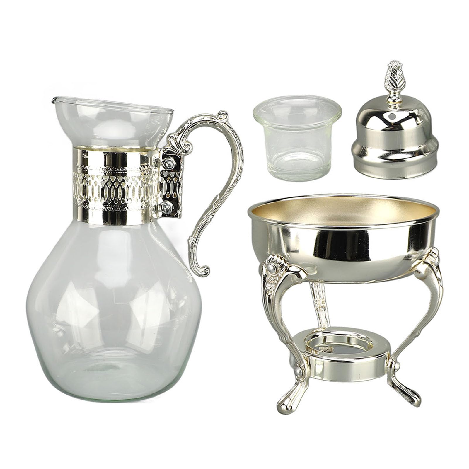 Set di caffettiere in vetro, brocca per acqua riscaldabile con coperchio e tazza, bollitore per tè caldo e freddo, stile vintage turco, bollitore da tè in vetro per casa e ufficio (argento)