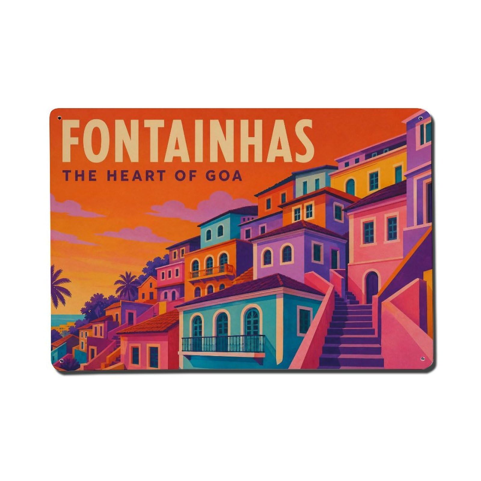Huiyhb 8X12inch(20X30cm) Vintage Travel Fontainhas Colorful Hillside Neighborhood Metal Tin Sign