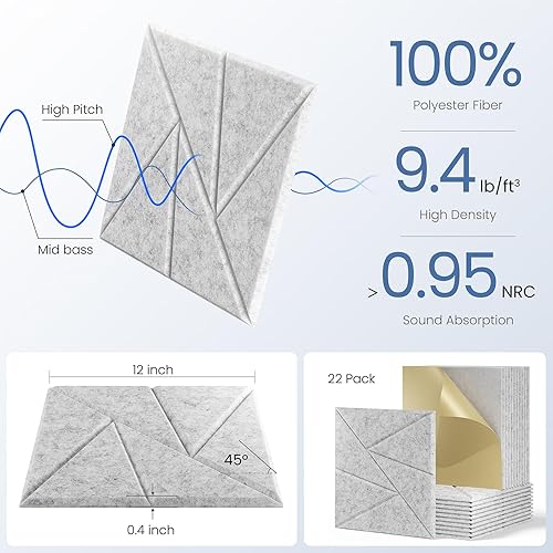 Miniatura 5 de Paquete de 22 paneles acústicos con autoadhesivo, paneles de espuma a prueba de sonido, paneles de sonido de alta densidad, paneles de pared