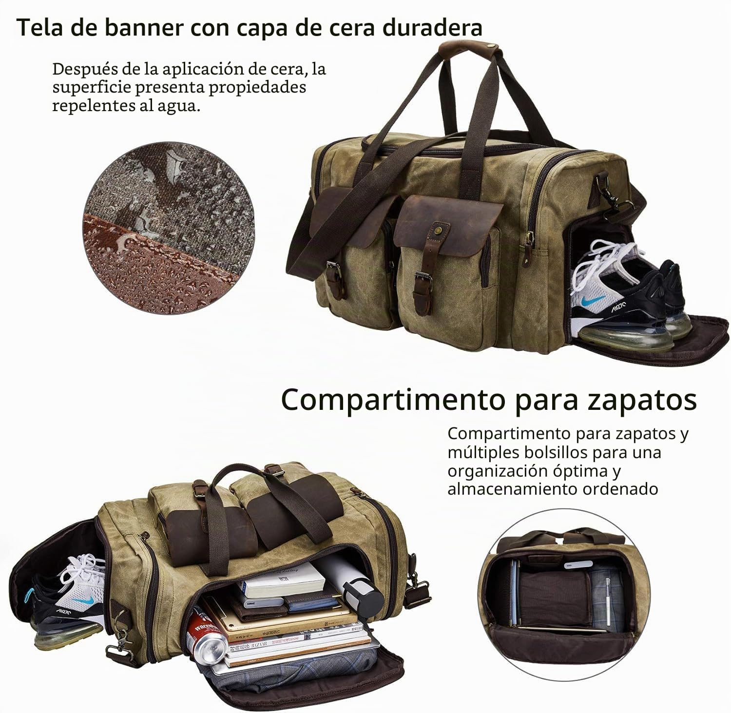Bolsa de Viaje de Lona Impermeable con Compartimento para Zapatos, Bolso de Fin de Semana Vintage para Hombre y Mujer, Gran Capacidad, Multiusos para Negocios, Gimnasio y Actividades al Aire Libre