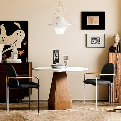 Miniatura 7 de Silla de comedor moderna de tela negra de lino con respaldo curvo, patas de metal y reposabrazos de cuero, sillón moderno de mediados de siglo