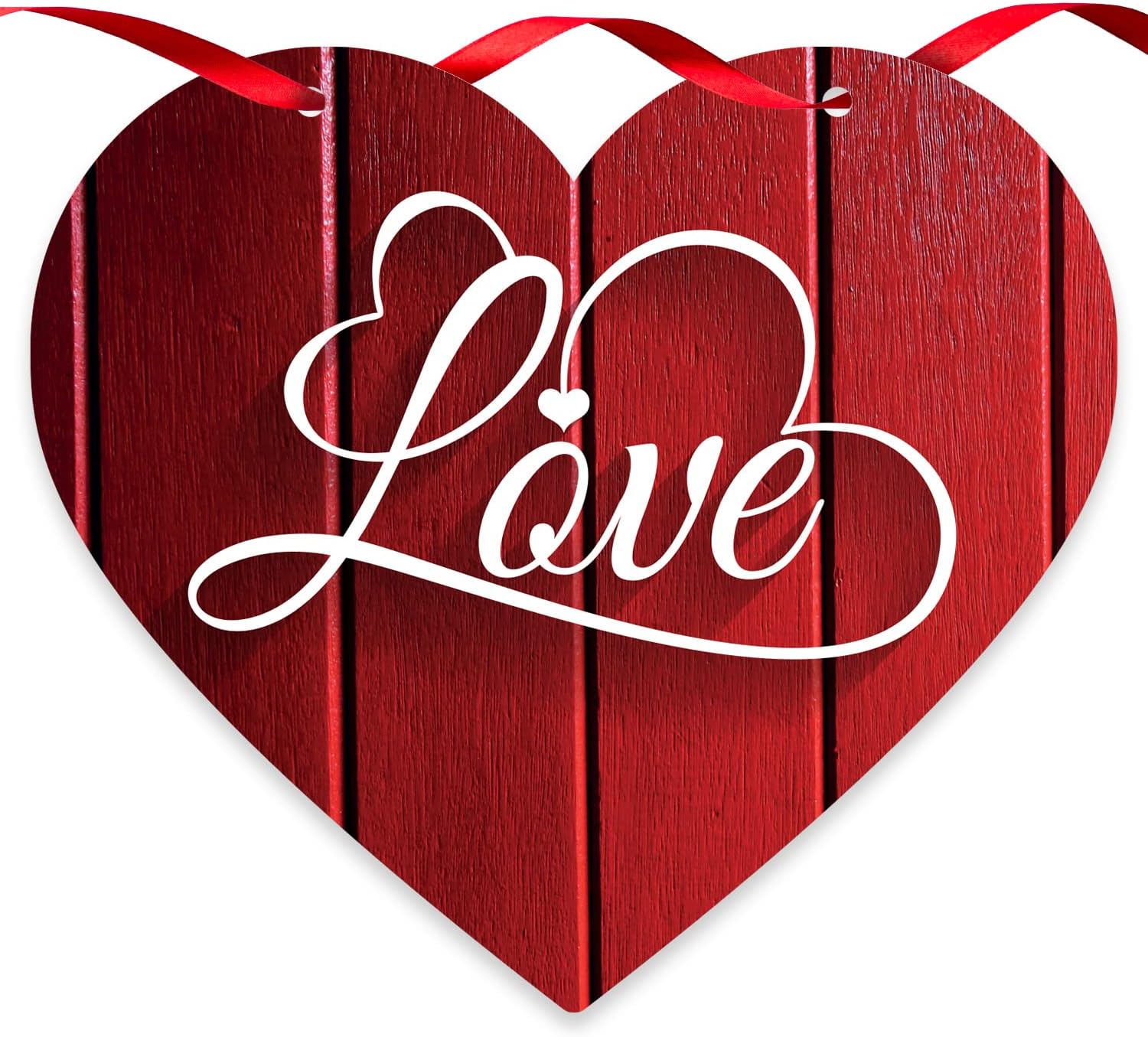 Soul Décor Valentine Decorations Love Red Wood Background, 12 Inch Aluminum Heart Shaped Door Sign With Red Satin Ribbon